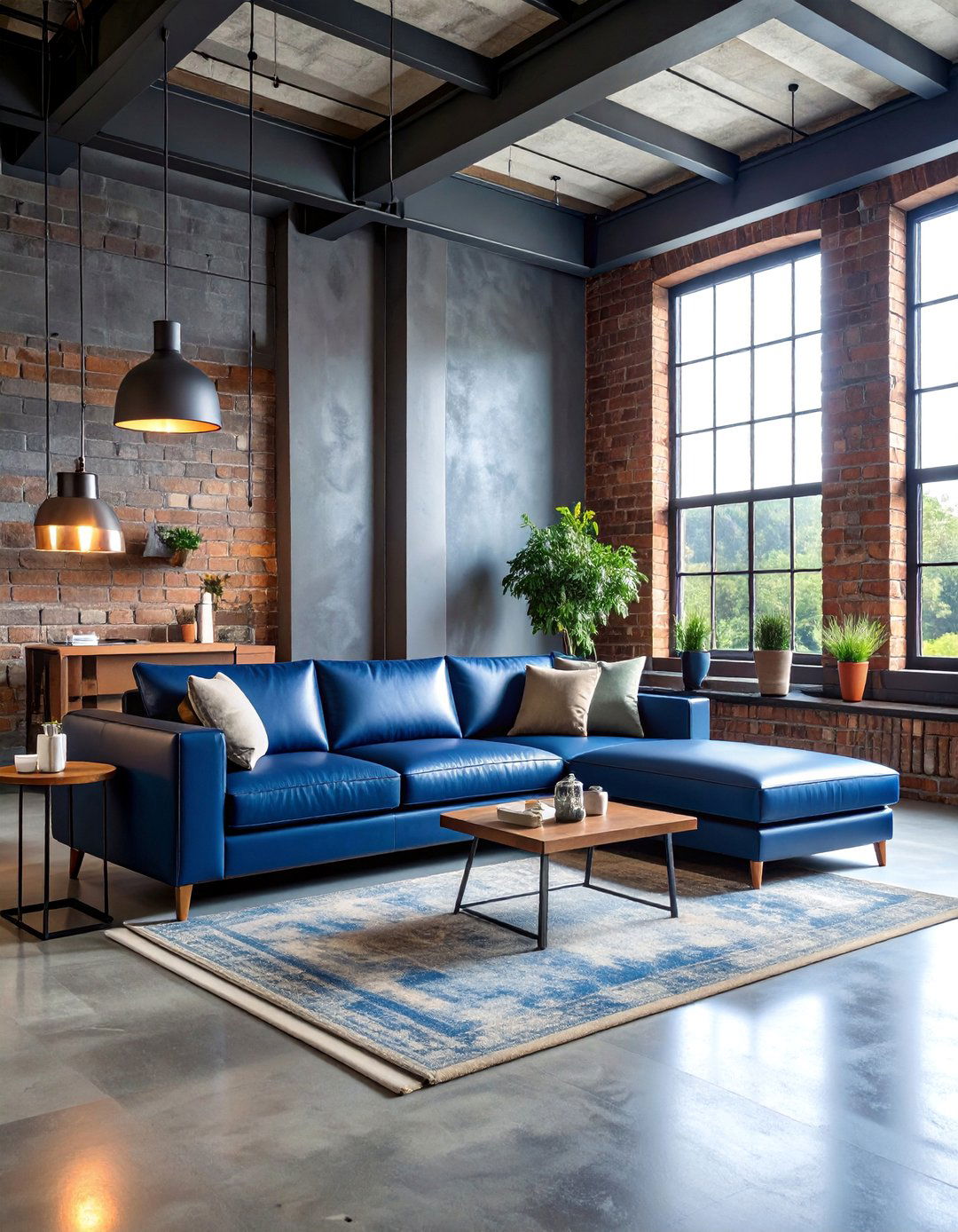 Navy Blue and Grey Industrial Loft Living Room - 25 Navy Blue and Grey Living Room Ideas