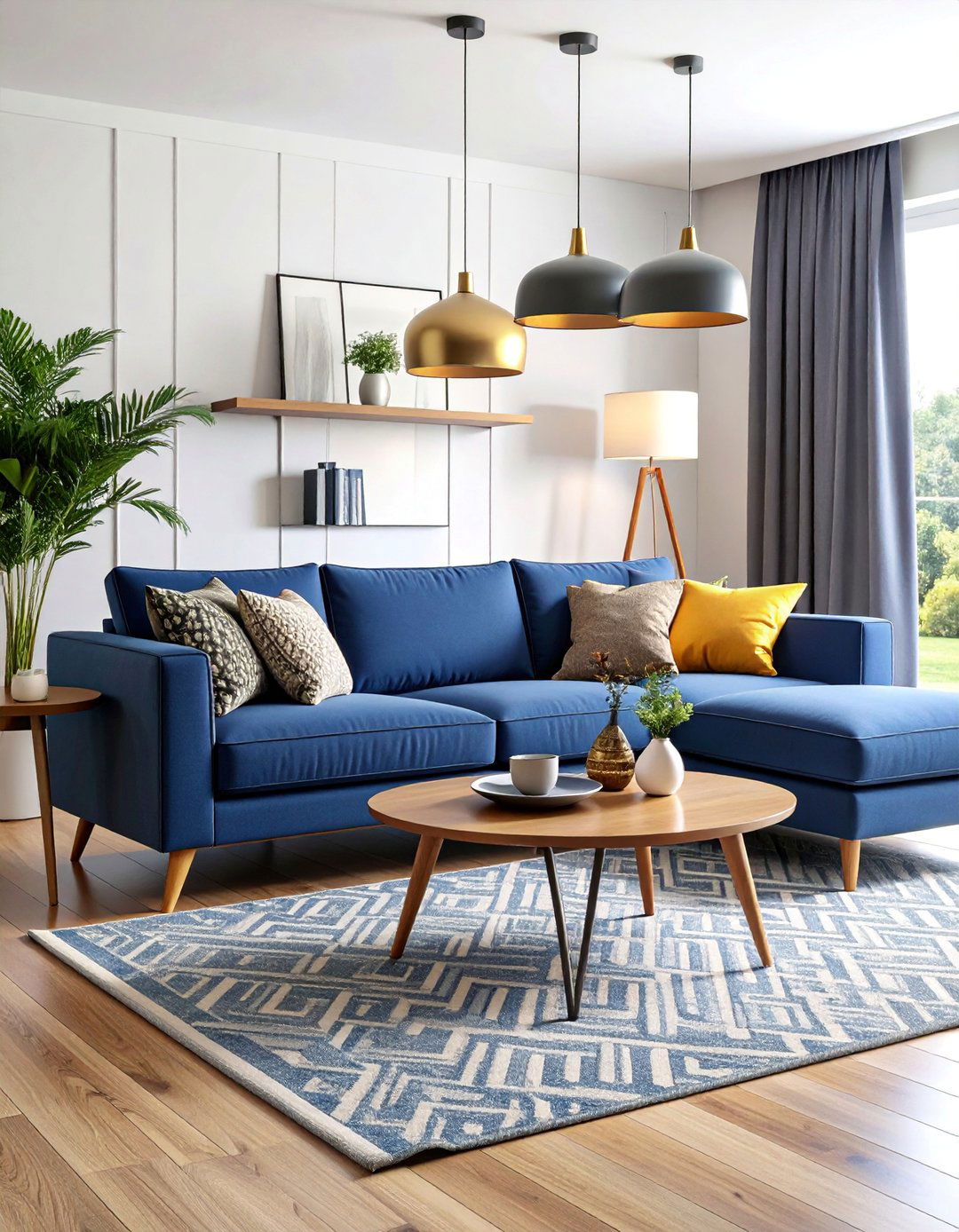 Navy Blue and Grey Mid Century Modern Living Room - 25 Navy Blue and Grey Living Room Ideas