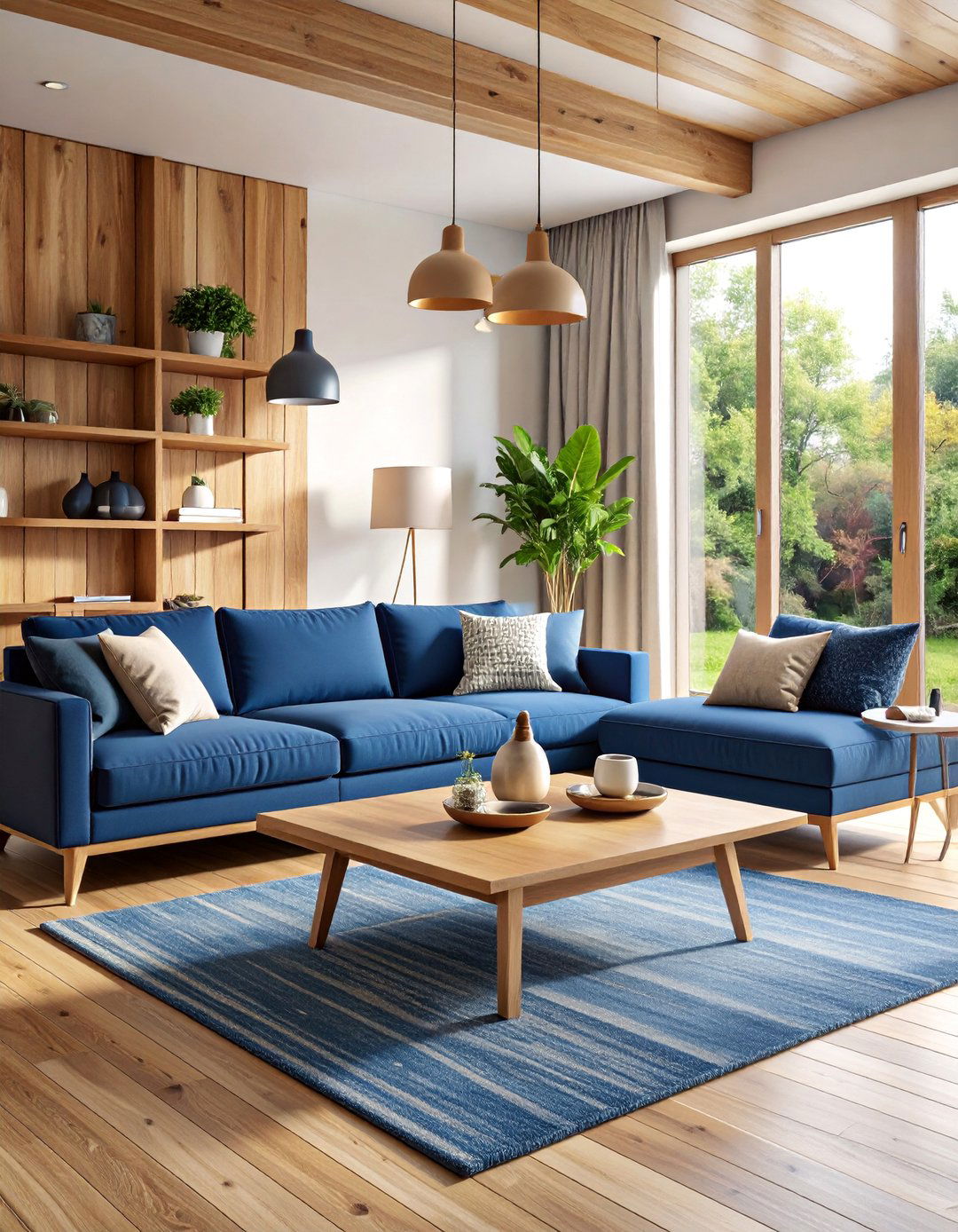 Navy Blue and Natural Wood Combination - 25 Navy Blue Living Room Ideas