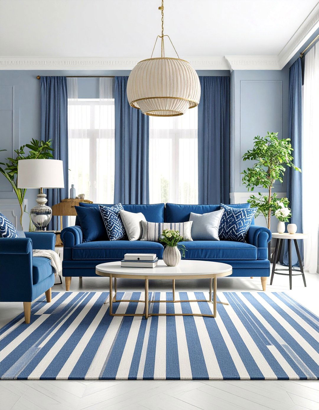 Navy Blue and White Striped Elements - 25 Navy Blue Living Room Ideas