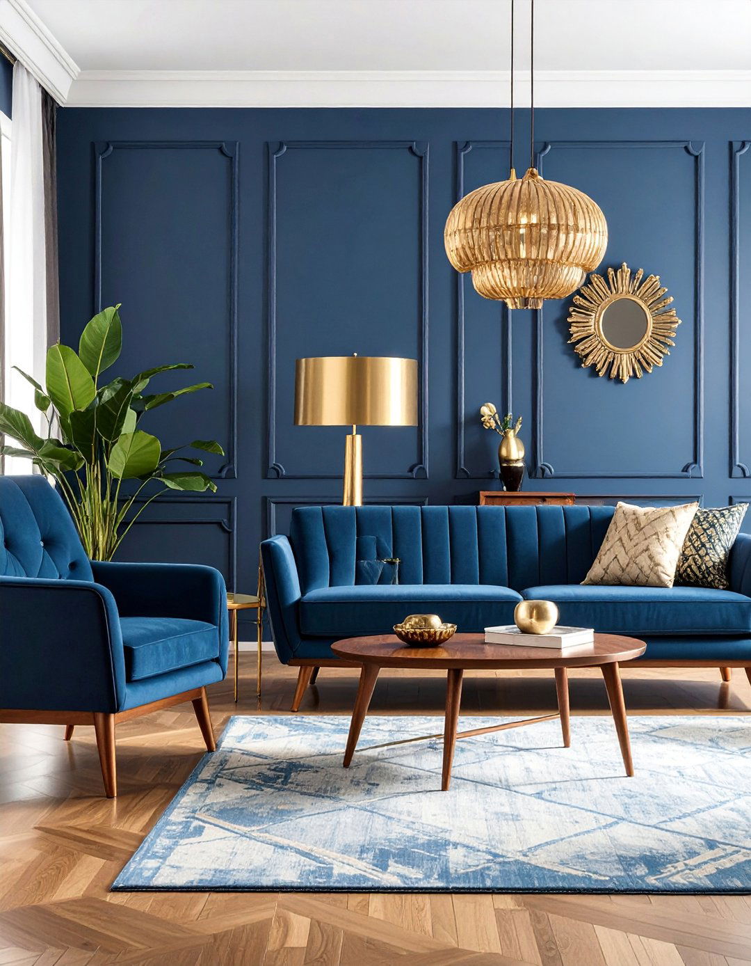 Navy Living Room with Brass and Wood Mid Century Elements - 25 Navy Living Room Ideas