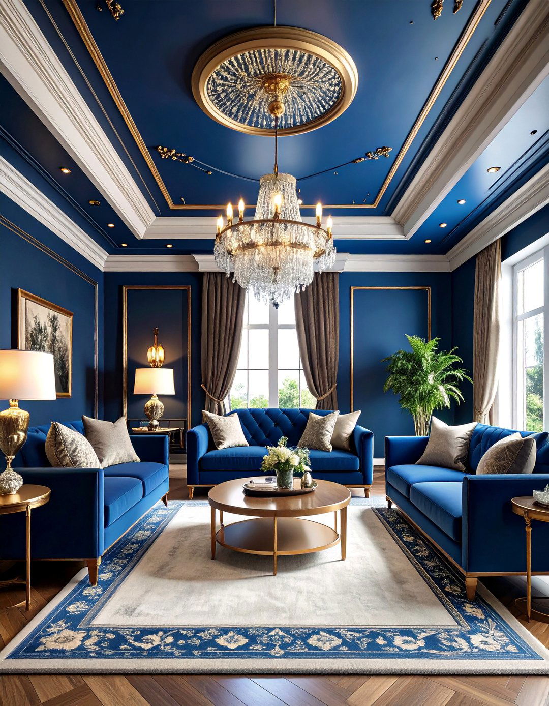 Navy Painted Ceiling Living Room with Dramatic Lighting - 25 Navy Living Room Ideas