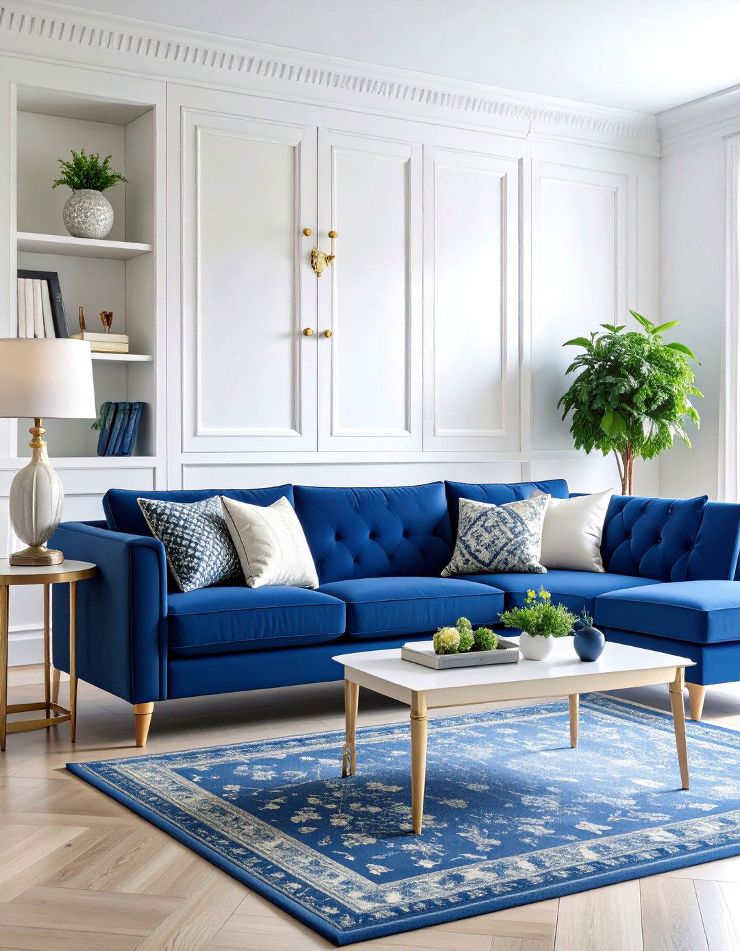 Navy Sofa with White Built in Cabinetry Living Room - 25 Navy Living Room Ideas