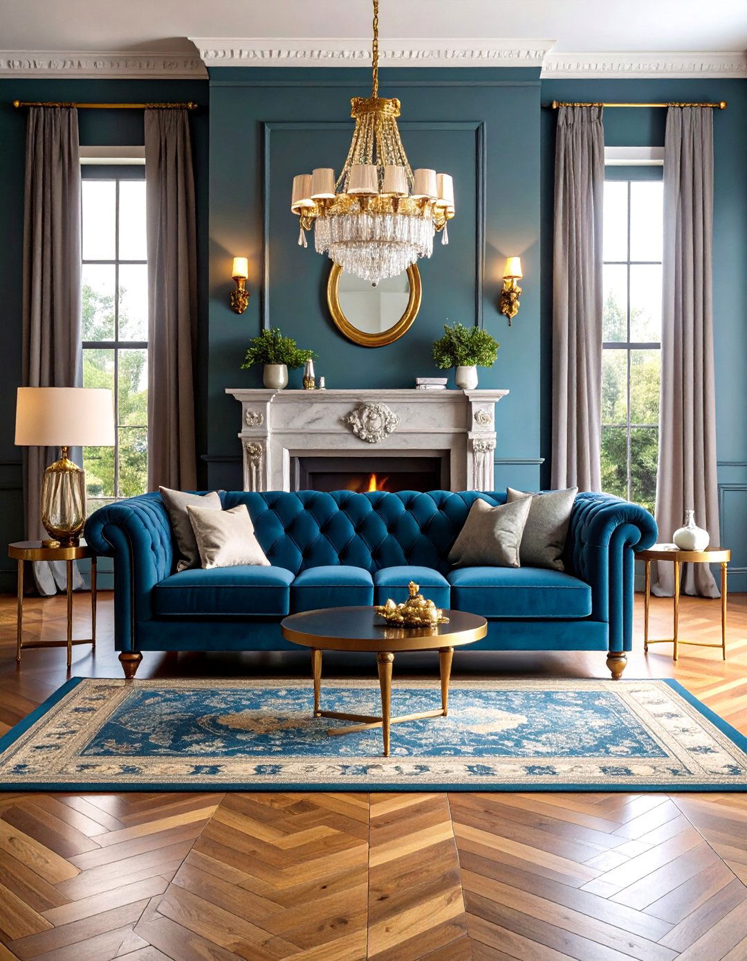 Navy Velvet Chesterfield with Grey Marble Fireplace Living Room - 25 Navy Blue and Grey Living Room Ideas