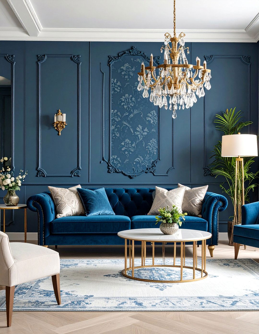 Navy Wallpaper Feature Wall with Elegant Furnishings - 25 Navy Living Room Ideas