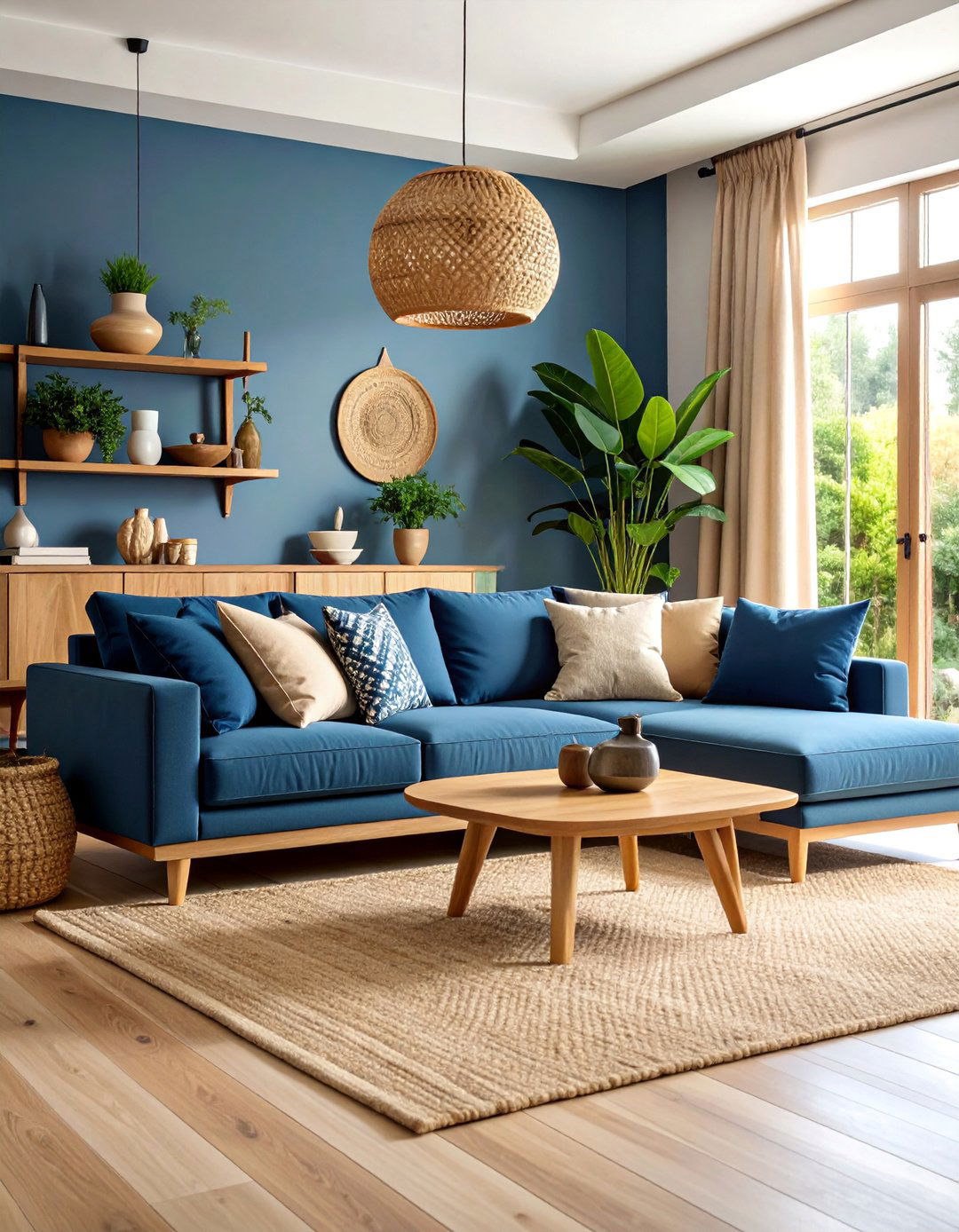Navy and Beige Neutral Living Room with Natural Materials - 25 Navy Living Room Ideas