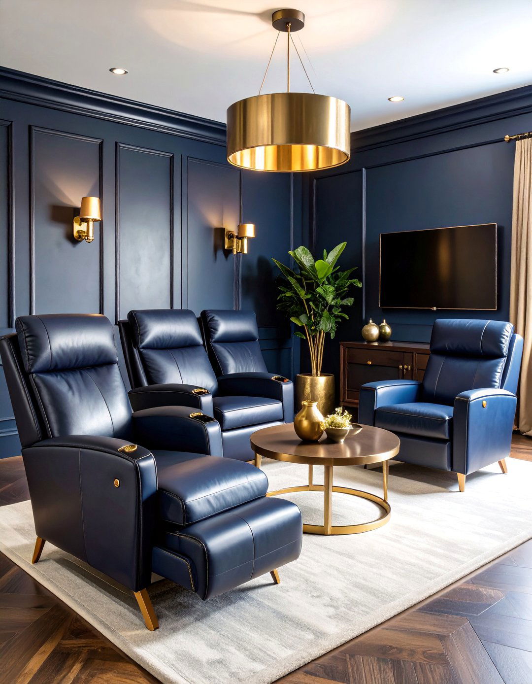 Navy and Brass Media Room with Tiered Seating - 25 Art Deco Interior Design Ideas