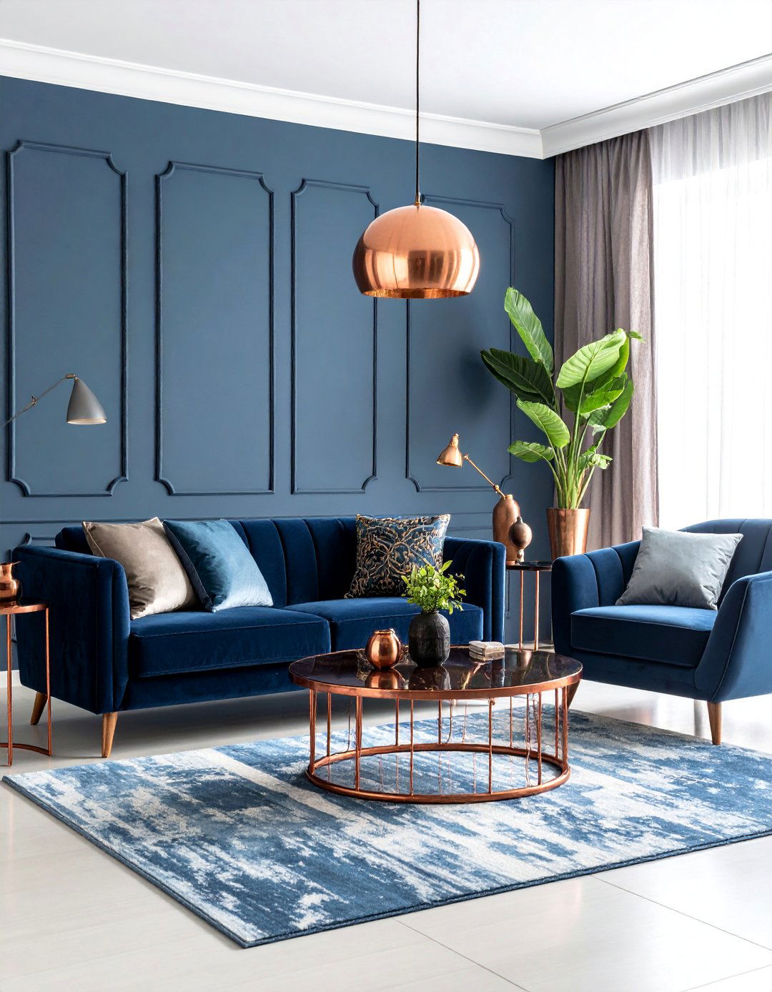 Navy and Copper Industrial Chic Living Room - 25 Navy Living Room Ideas