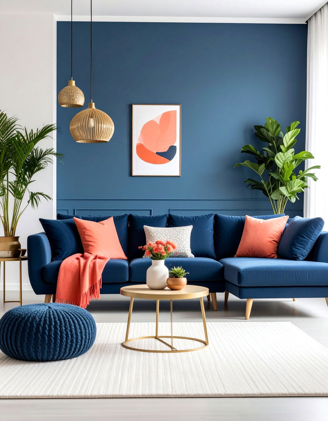 Navy and Coral Accent Living Room - 25 Moody Living Room Ideas