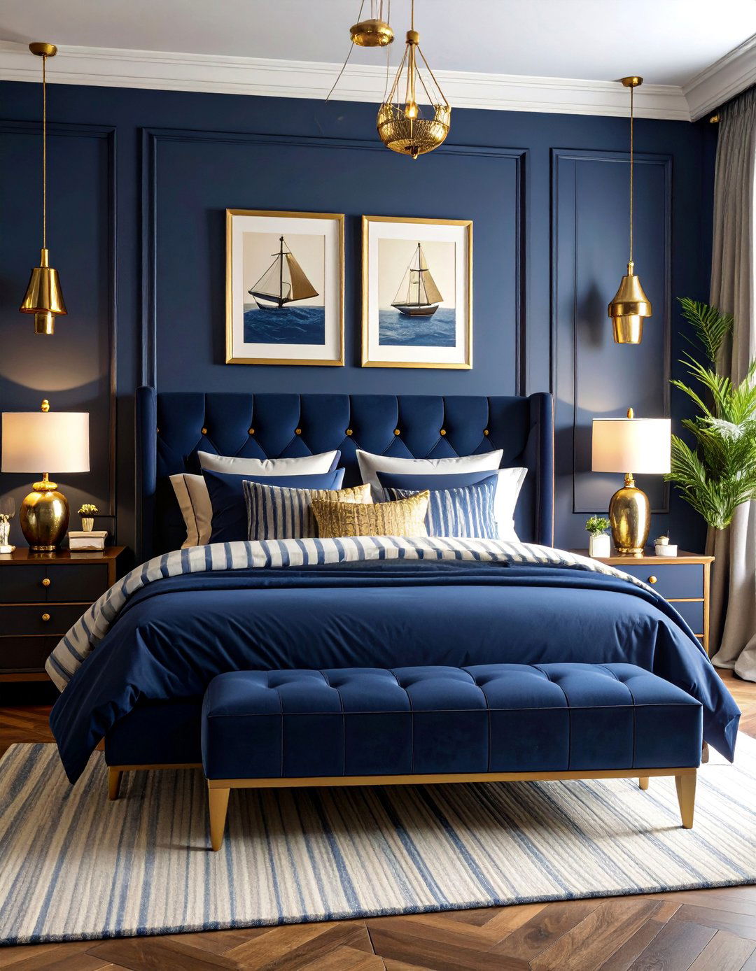 Navy and Gold Grandmillennial Bedroom with Nautical Touches - 25 Grandmillennial Style Bedroom Ideas