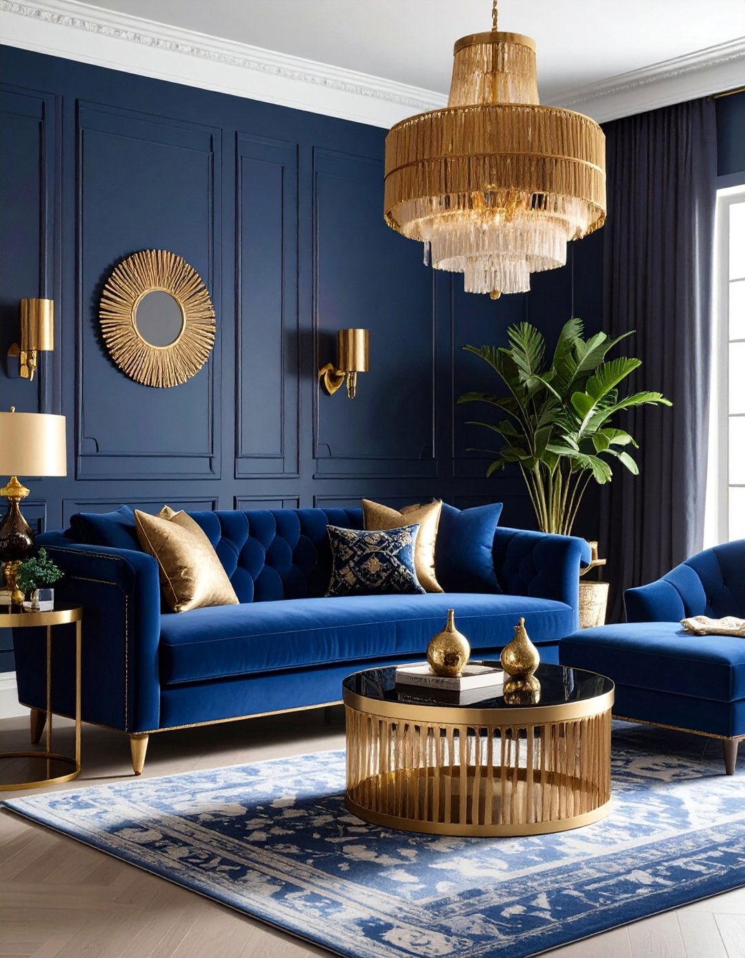 Navy and Gold Living Room with Fringe Details - 25 Art Deco Living Room Ideas