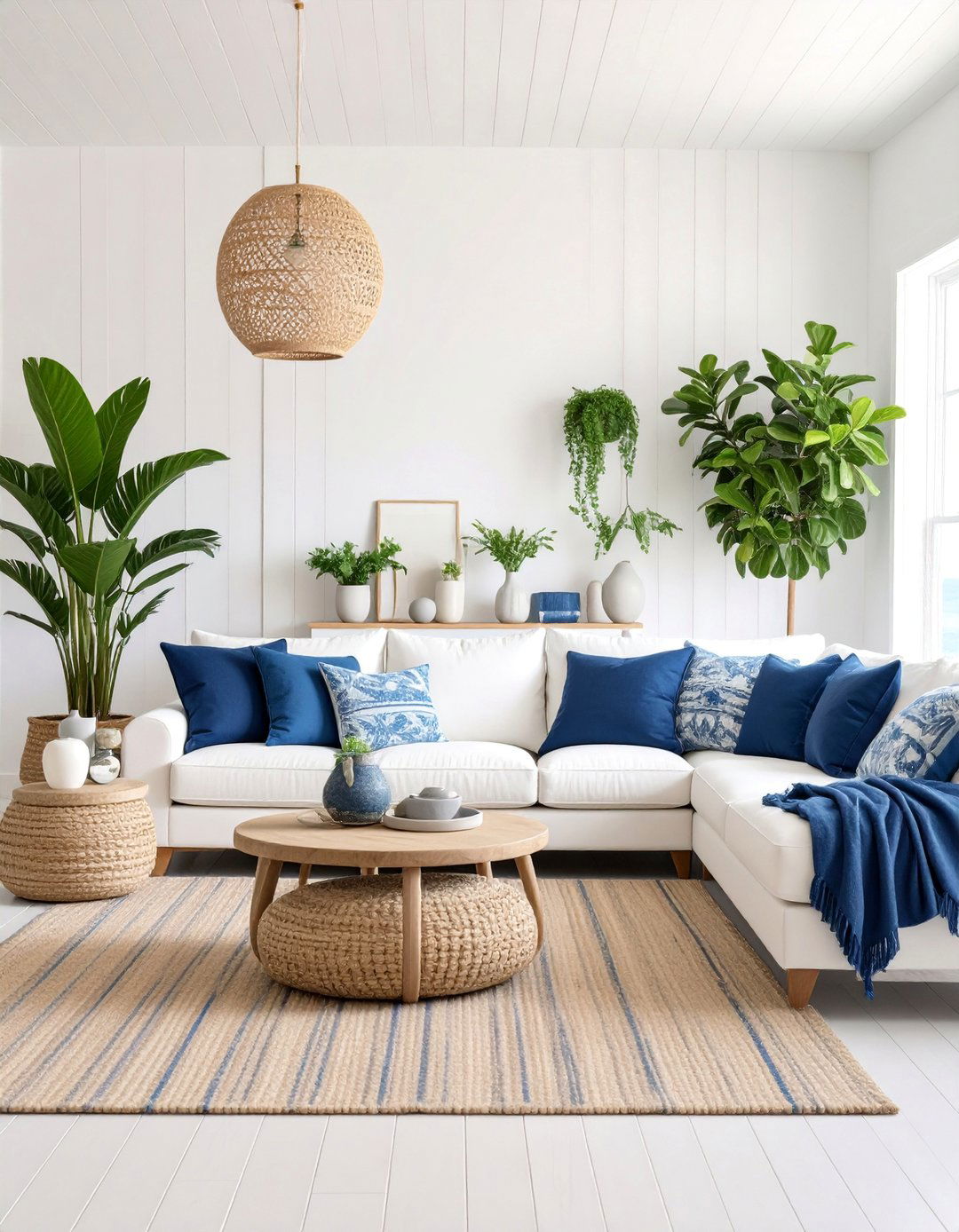 Navy and White Coastal Living Room with Natural Textures - 25 Navy Living Room Ideas