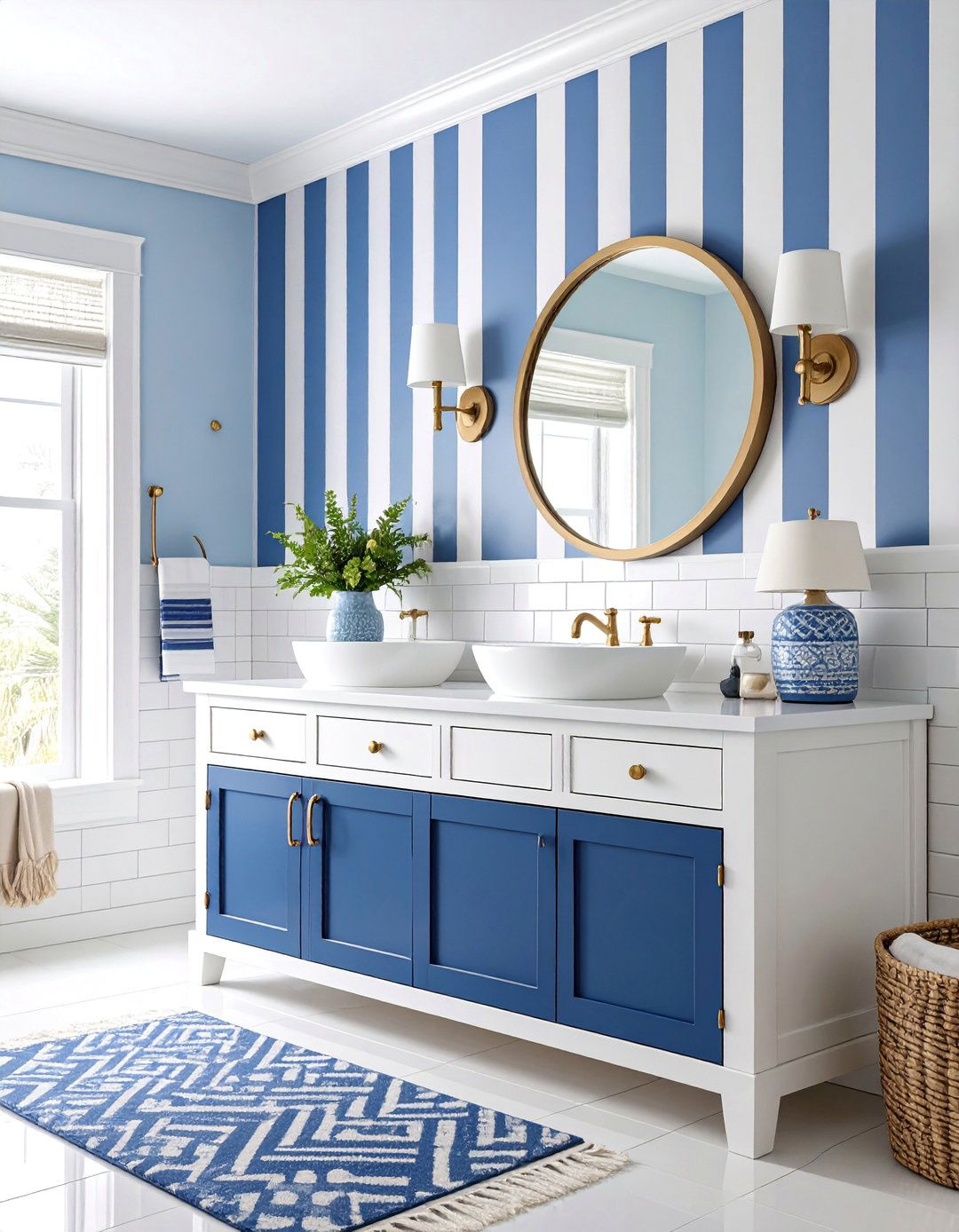 Navy and White Nautical Powder Room with Striped Wallpaper - 25 blue powder room ideas