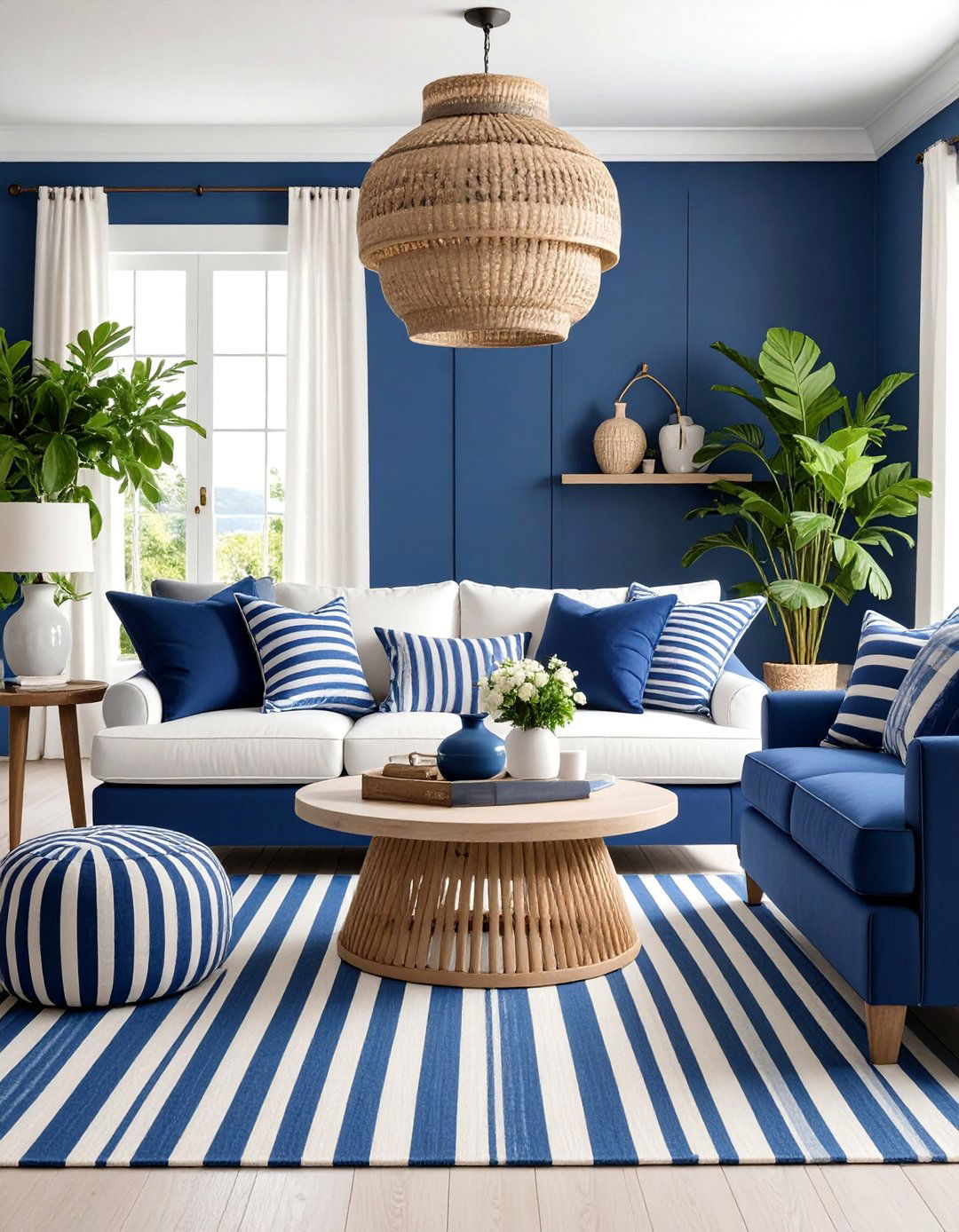 Navy and White Stripe Pattern Living Room Theme - 25 Navy Living Room Ideas