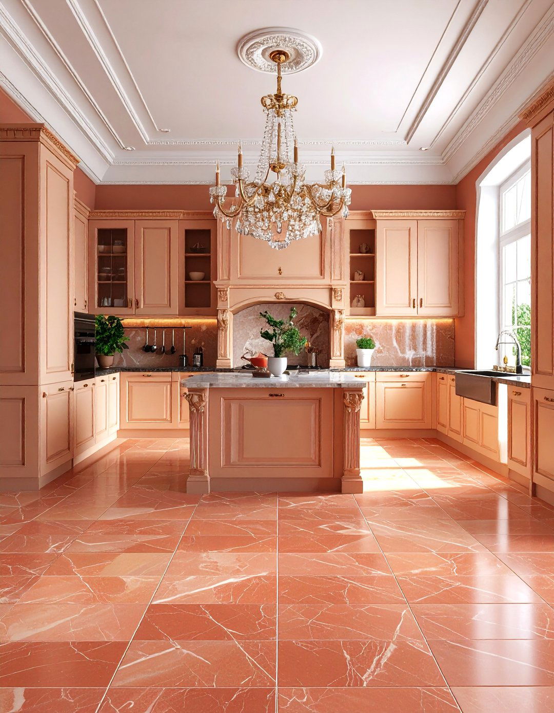 Neo Classical Terracotta Kitchen Floor with Marble Inlay - 25 Terracotta Kitchen Floor Ideas