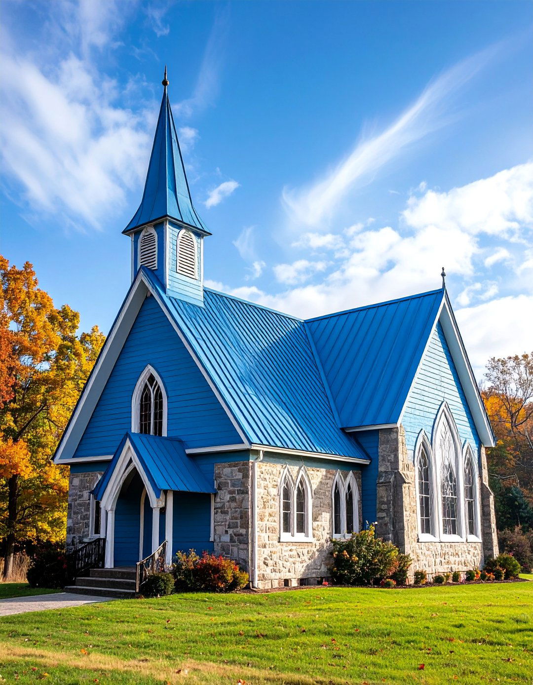 Neo Gothic Blue Metal Roof Chapel House with Pointed Arches - 25 houses with blue metal roofs