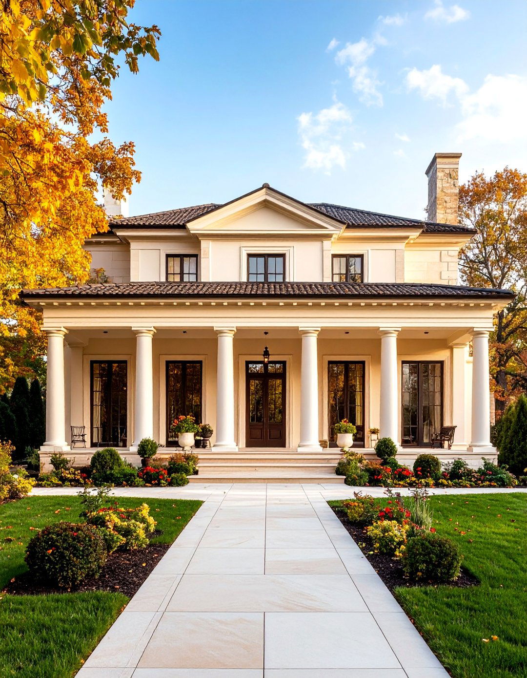 Neoclassical Cream Limestone with Brown Slate Roof - 25 Cream and Brown House Exterior Ideas