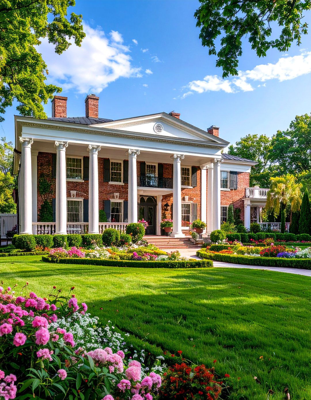 Neoclassical Green Brick Mansion with Columns - 25 Green Brick Exterior Home Ideas