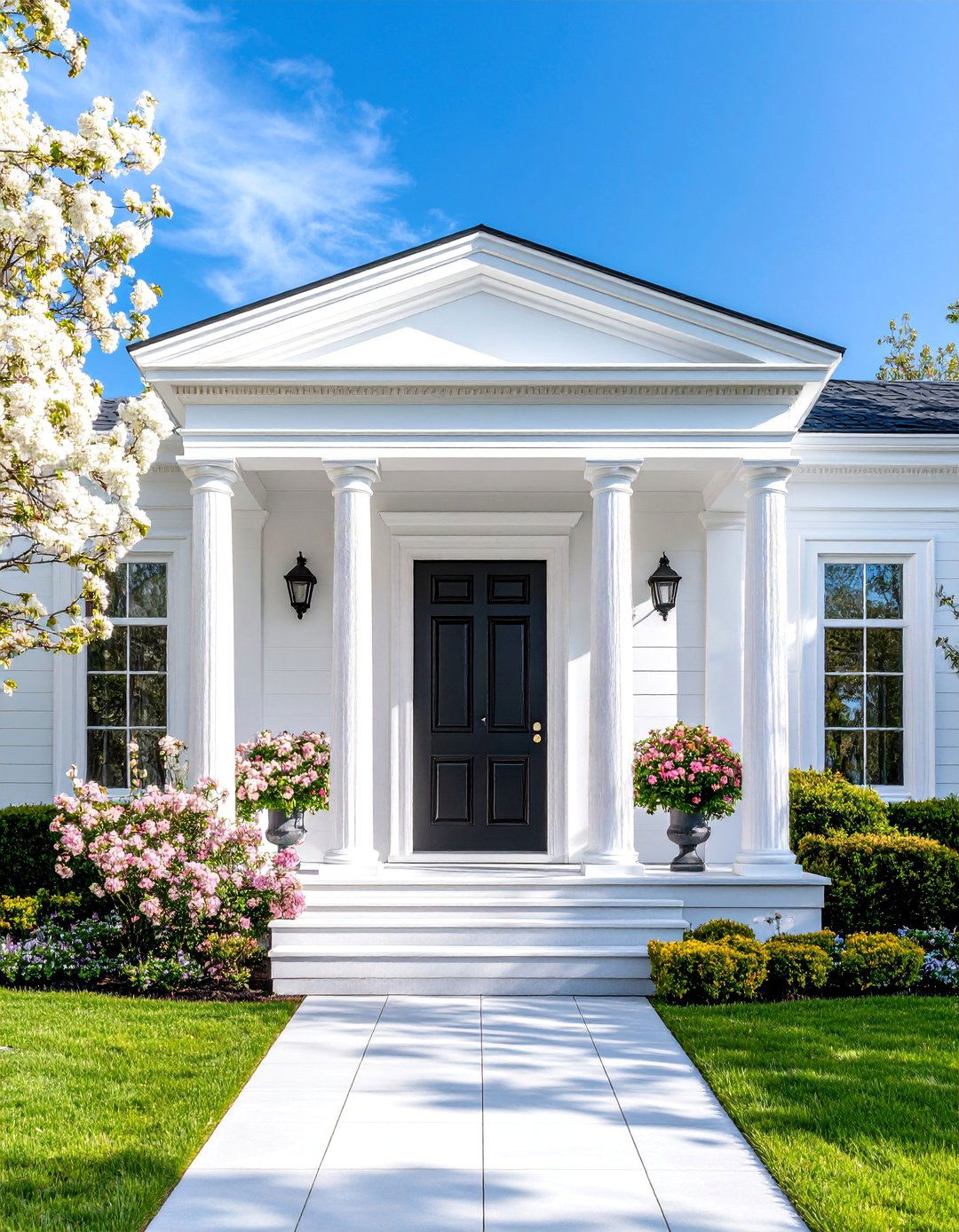 Neoclassical White House with Columned Black Door - 25 White House Ideas With Black Doors