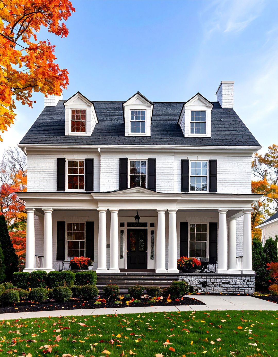 Neoclassical with Columned Portico - 25 White Exterior Home with a Black Roof Ideas