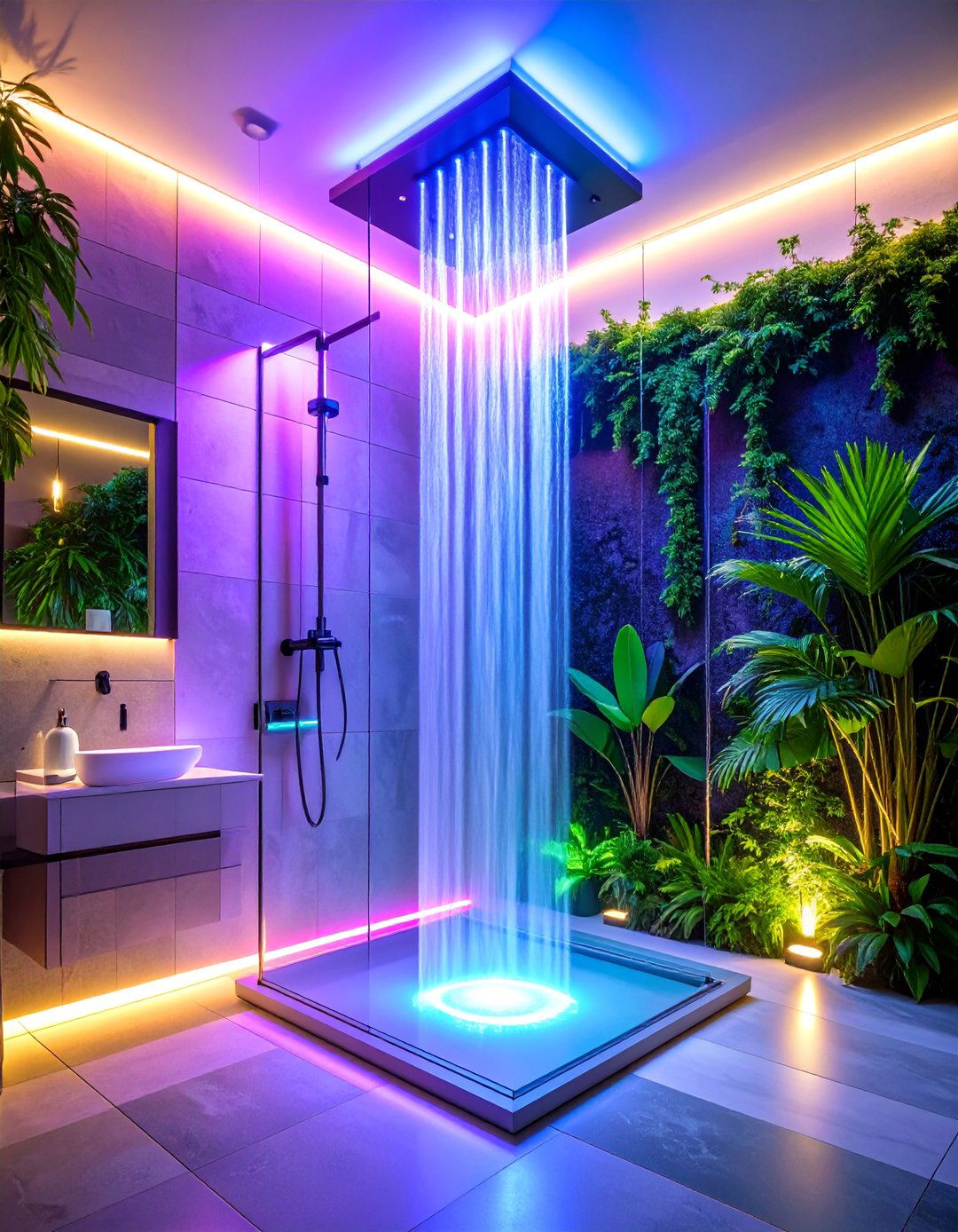 Neon Accent Lighting Drama - 25 Doorless Walk In Shower Ideas