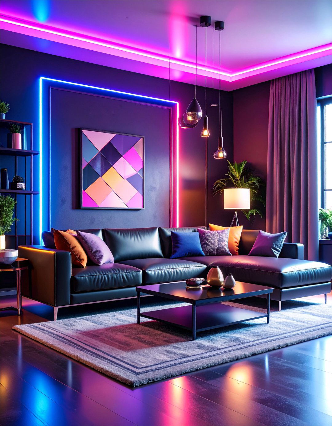 Neon Accented Living Room with Dark Base Colors - 25 1980s Living Room Ideas