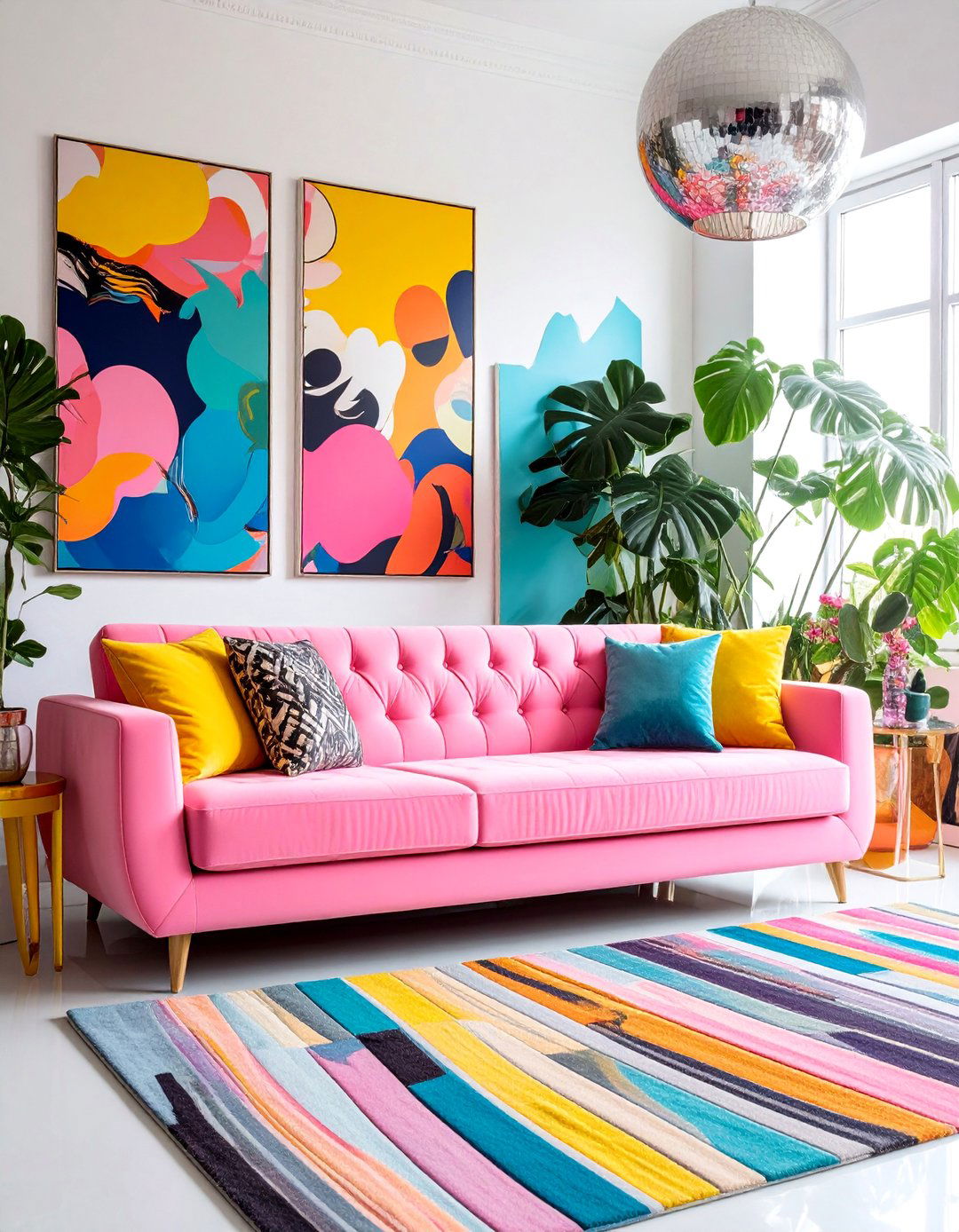 Neon Pink Sofa in Pop Art Setting - 25 Pink Couch Living Room Ideas