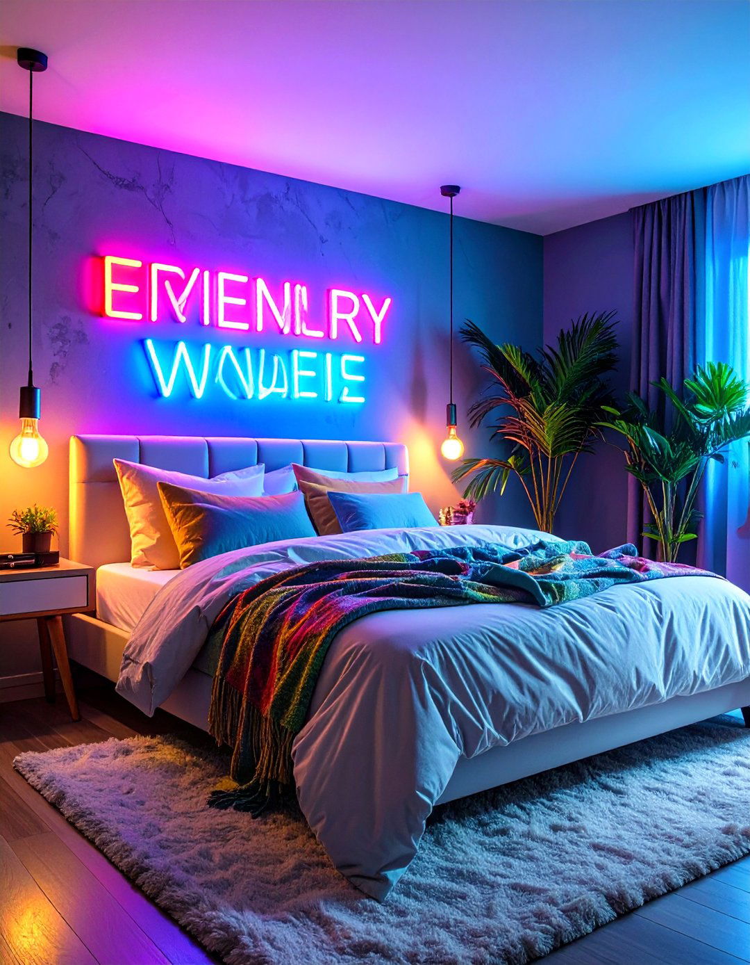 Neon Sign Statement Art - 25 No Headboard Ideas