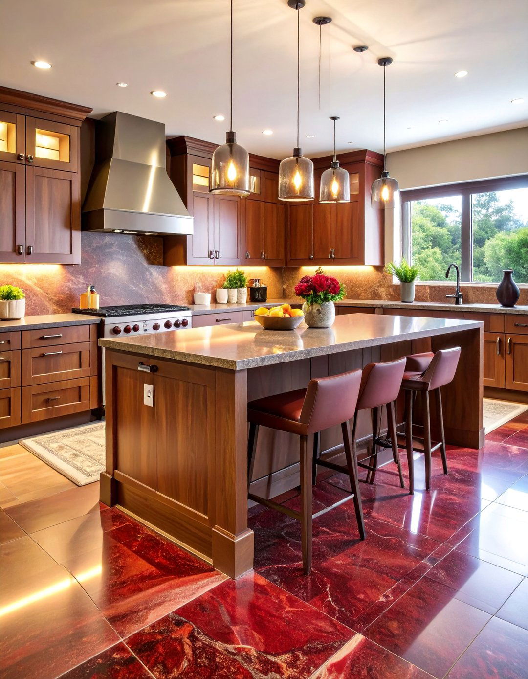 Netuno Bordeaux Burgundy Granite with Oak Cabinets - 25 what color countertops go with oak cabinets