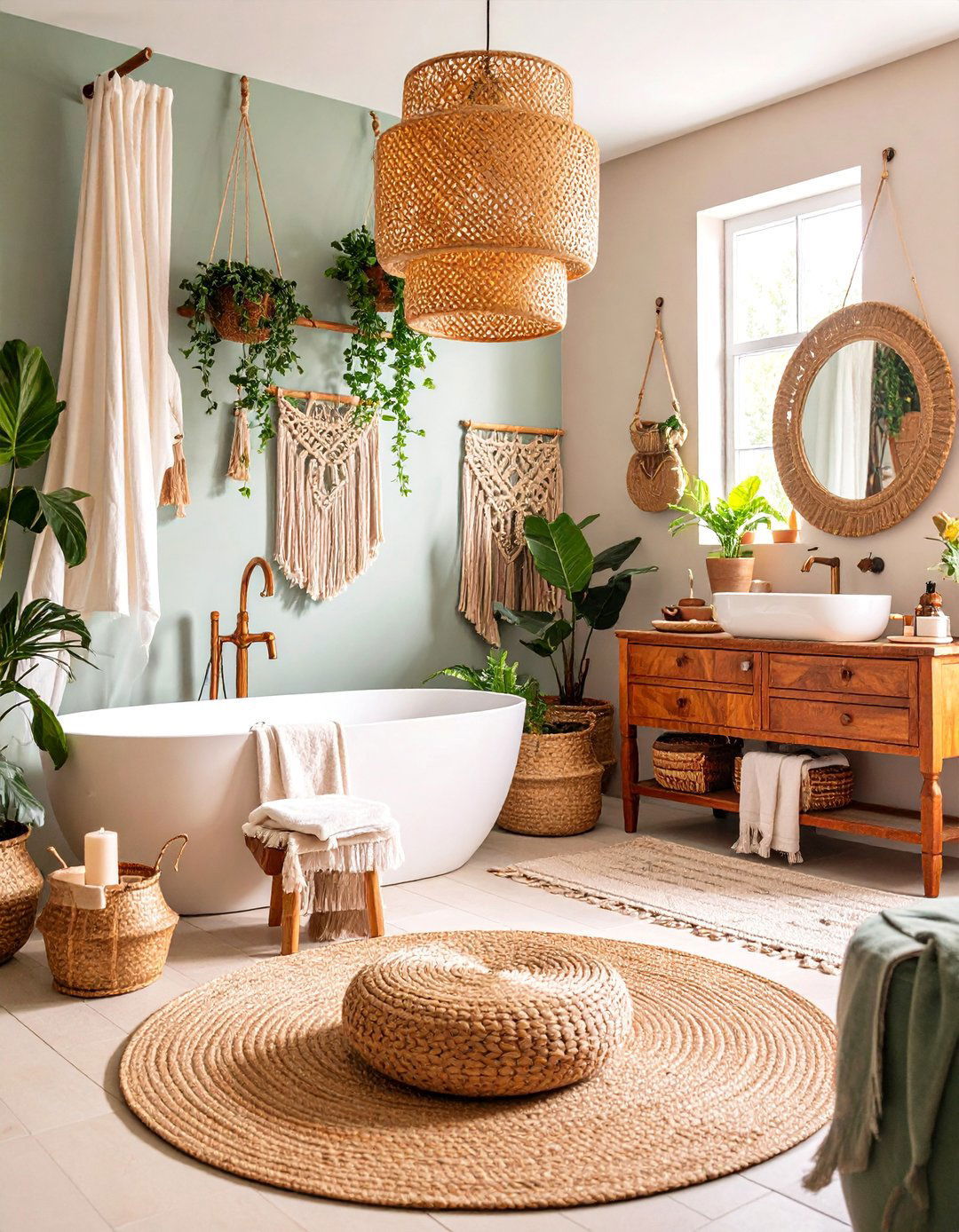 Neutral Boho Bathroom with Woven Textures - 25 Neutral Bathroom Ideas