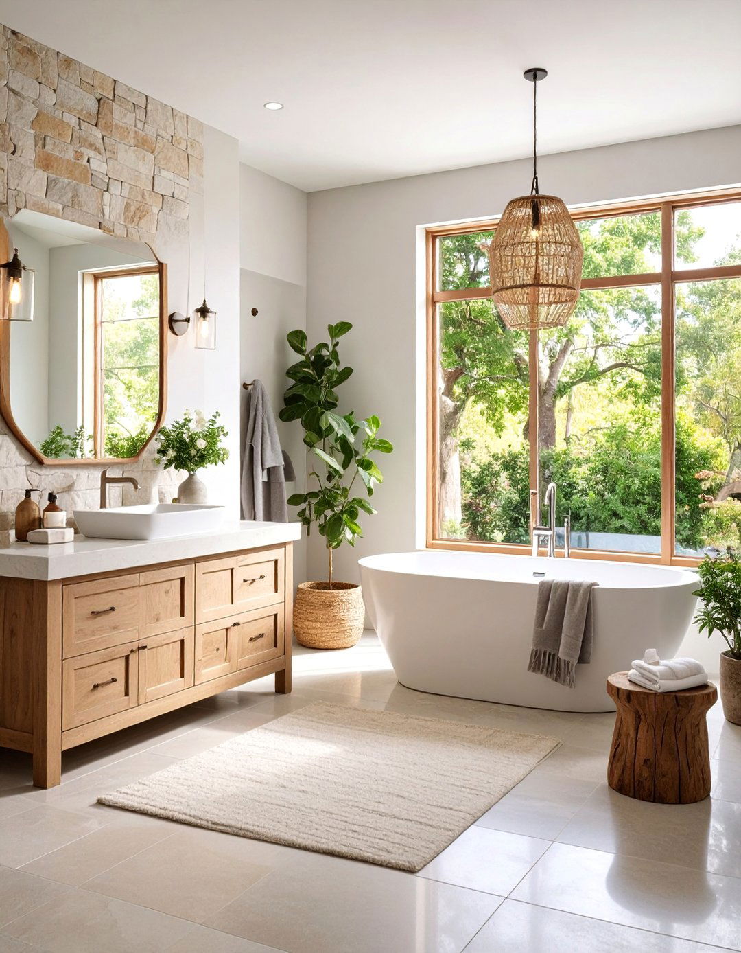 Neutral Color Palette Bathroom with Stone Accents - 25 Modern Farmhouse Bathroom Ideas
