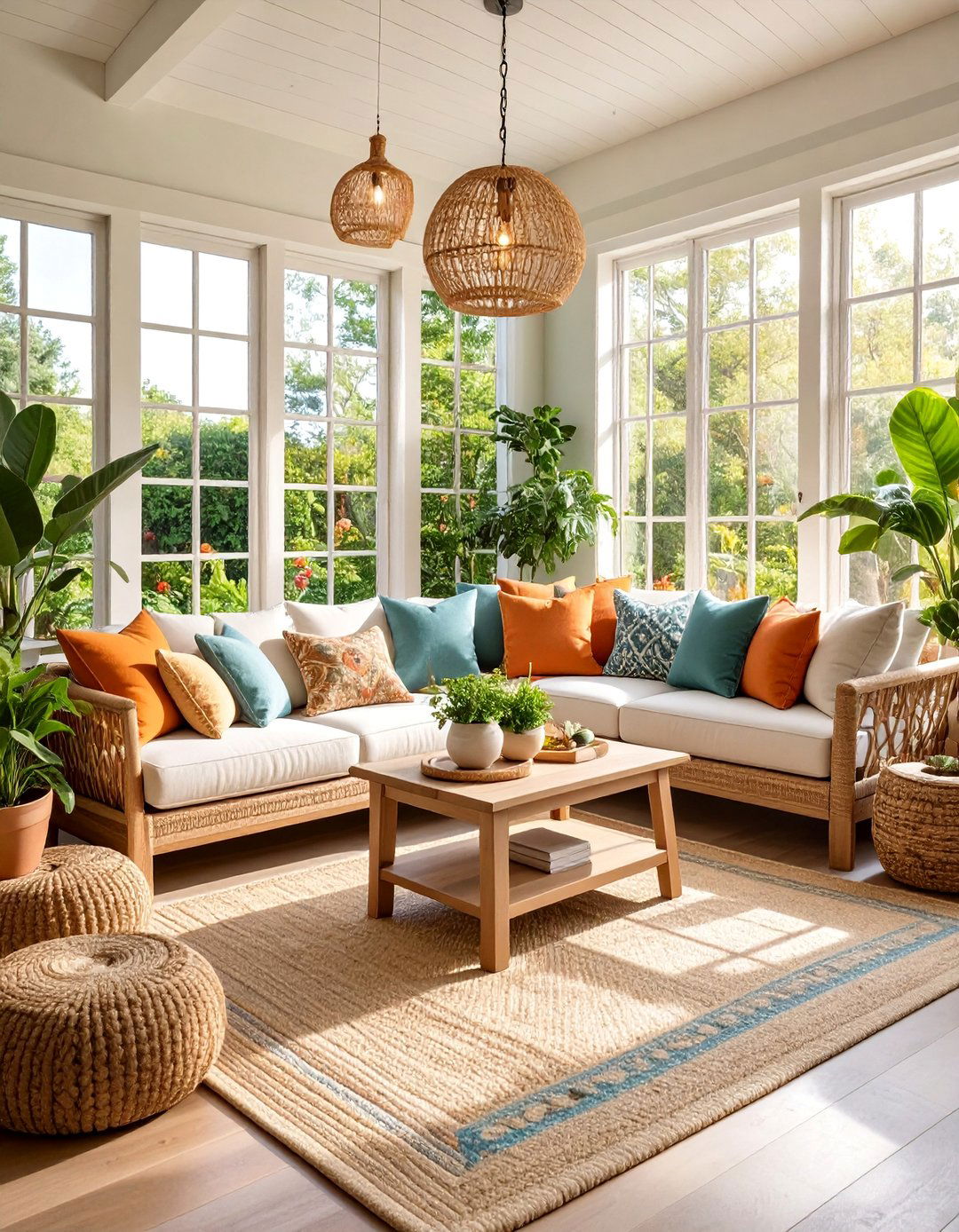 Neutral Farmhouse Sunroom with Built in Seating - 25 Farmhouse Sunroom Ideas