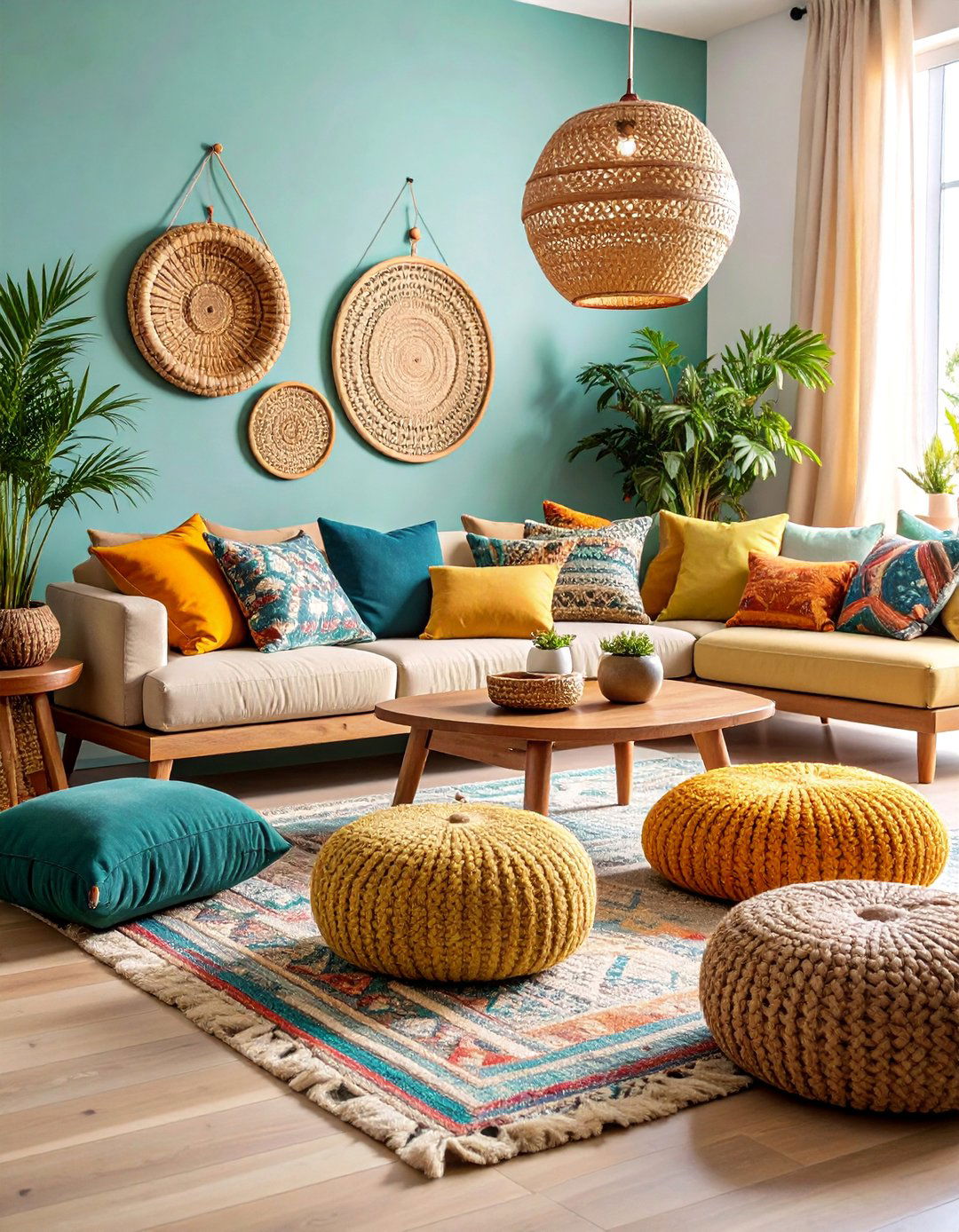 Neutral Floor Cushion Living Room with Low Seating - 25 Neutral Boho Living Room Ideas