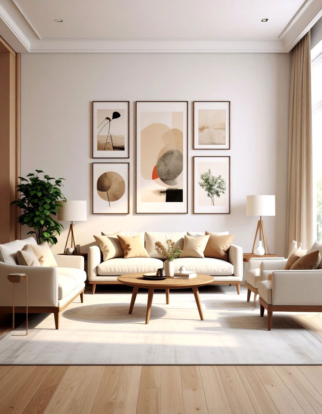 Neutral Gallery Wall Living Room with Artistic Focus - 25 Neutral Boho Living Room Ideas