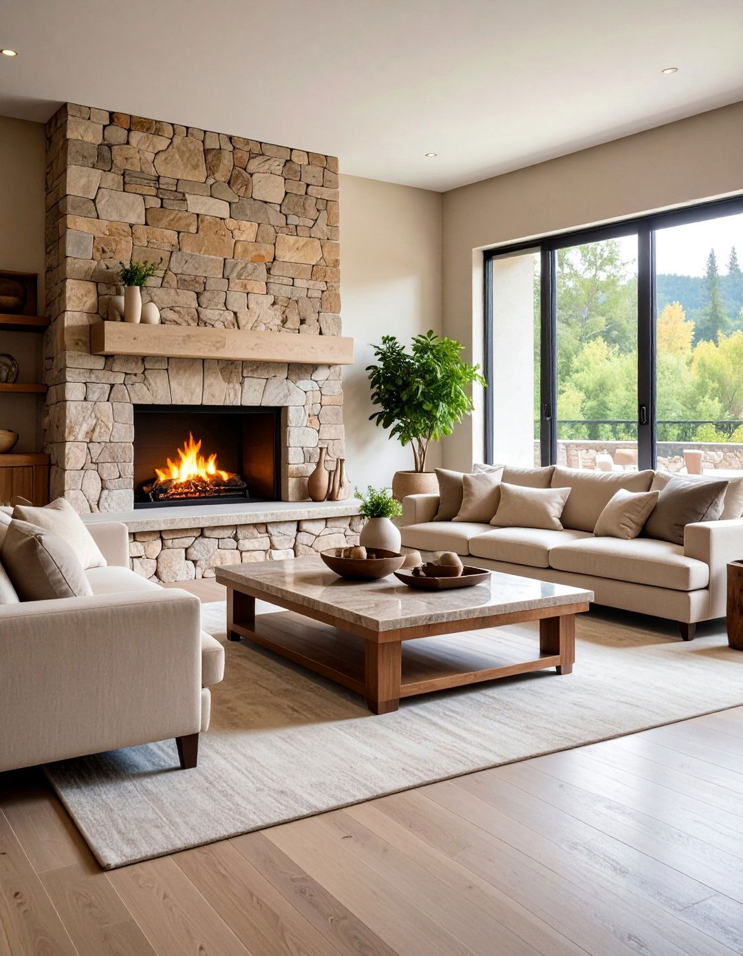 Neutral Living Room with Natural Stone Accents - 25 Neutral Living Room Ideas