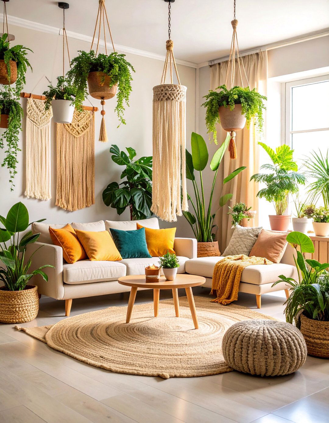 Neutral Plant Forward Living Room with Green Accents - 25 Neutral Boho Living Room Ideas