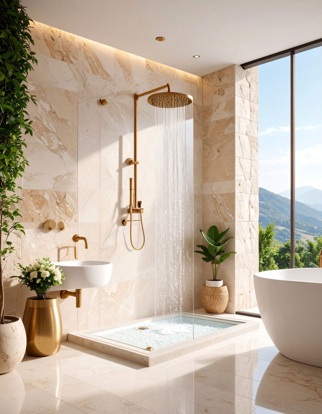 Neutral Travertine Shower Wall with Natural Elegance - 25 Shower Wall Ideas