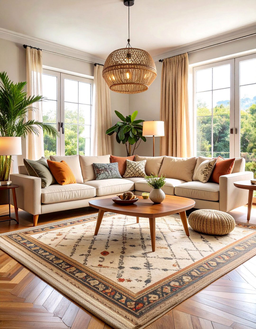 Neutral Vintage Rug Living Room with Modern Seating - 25 Neutral Boho Living Room Ideas