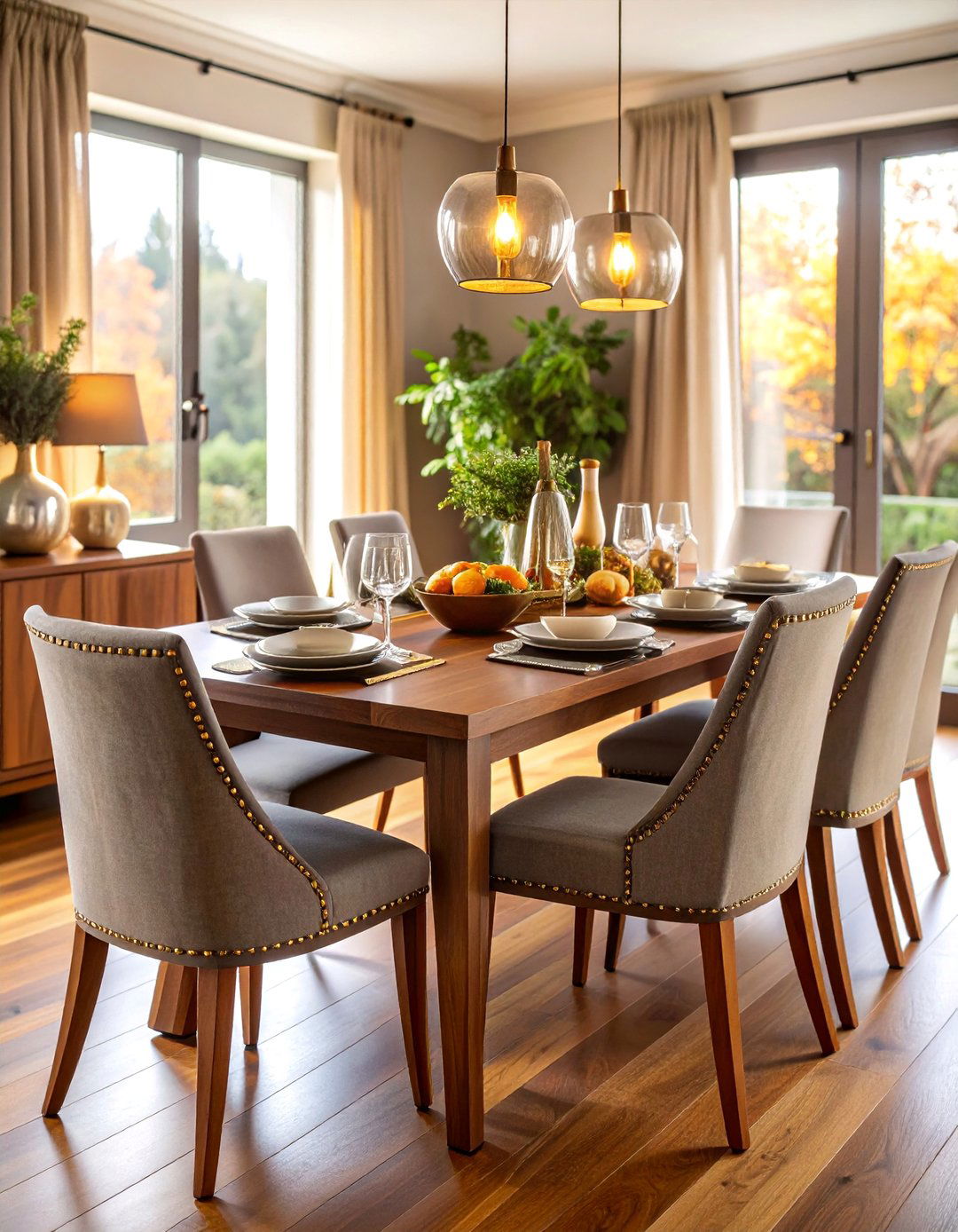 Neutral Wood Table with Upholstered Dining Chairs - 25 Transitional Dining Room Ideas