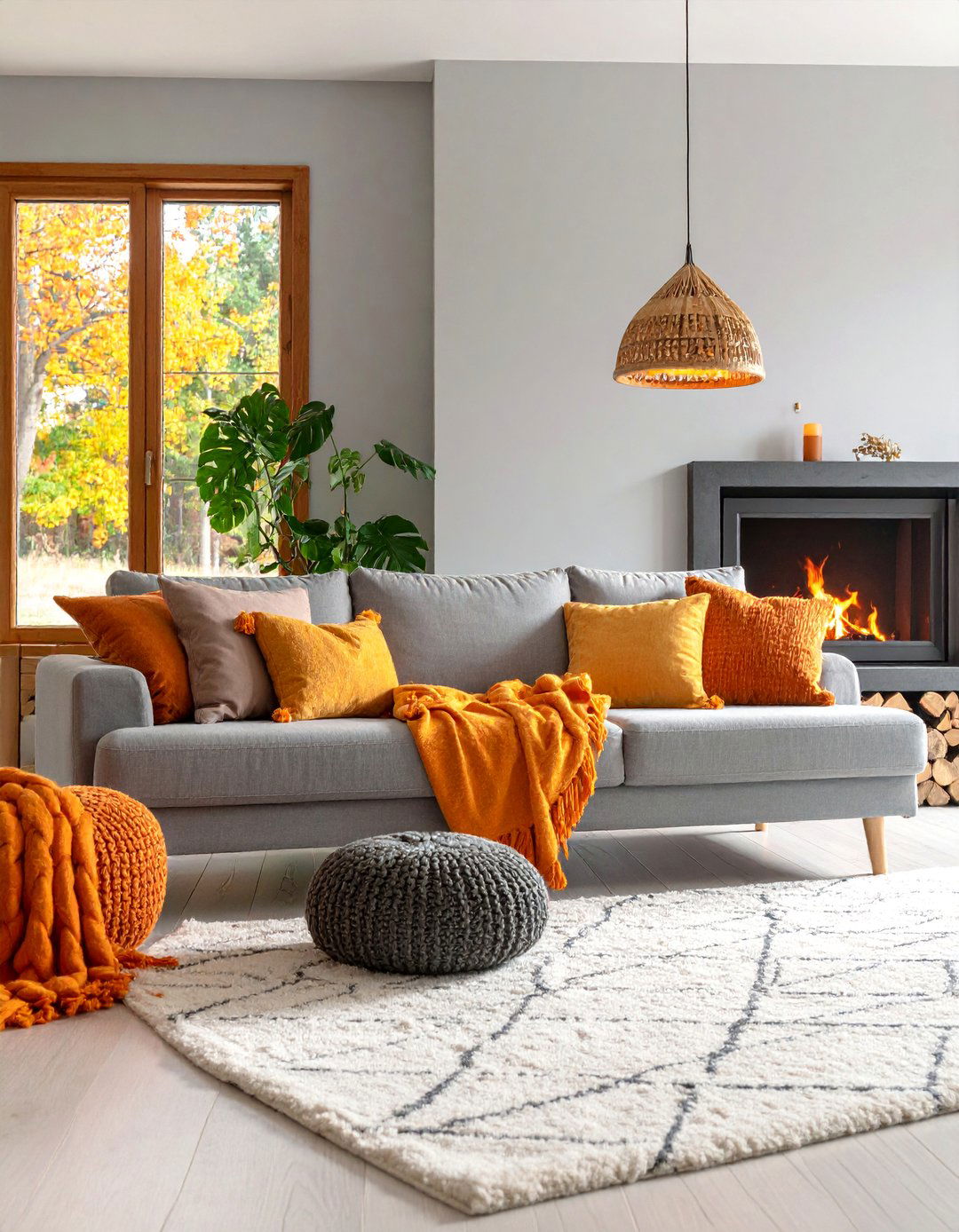 Nordic Hygge Orange Cabin and Ash Grey Cozy Retreat - 25 Orange and Grey Living Room Ideas