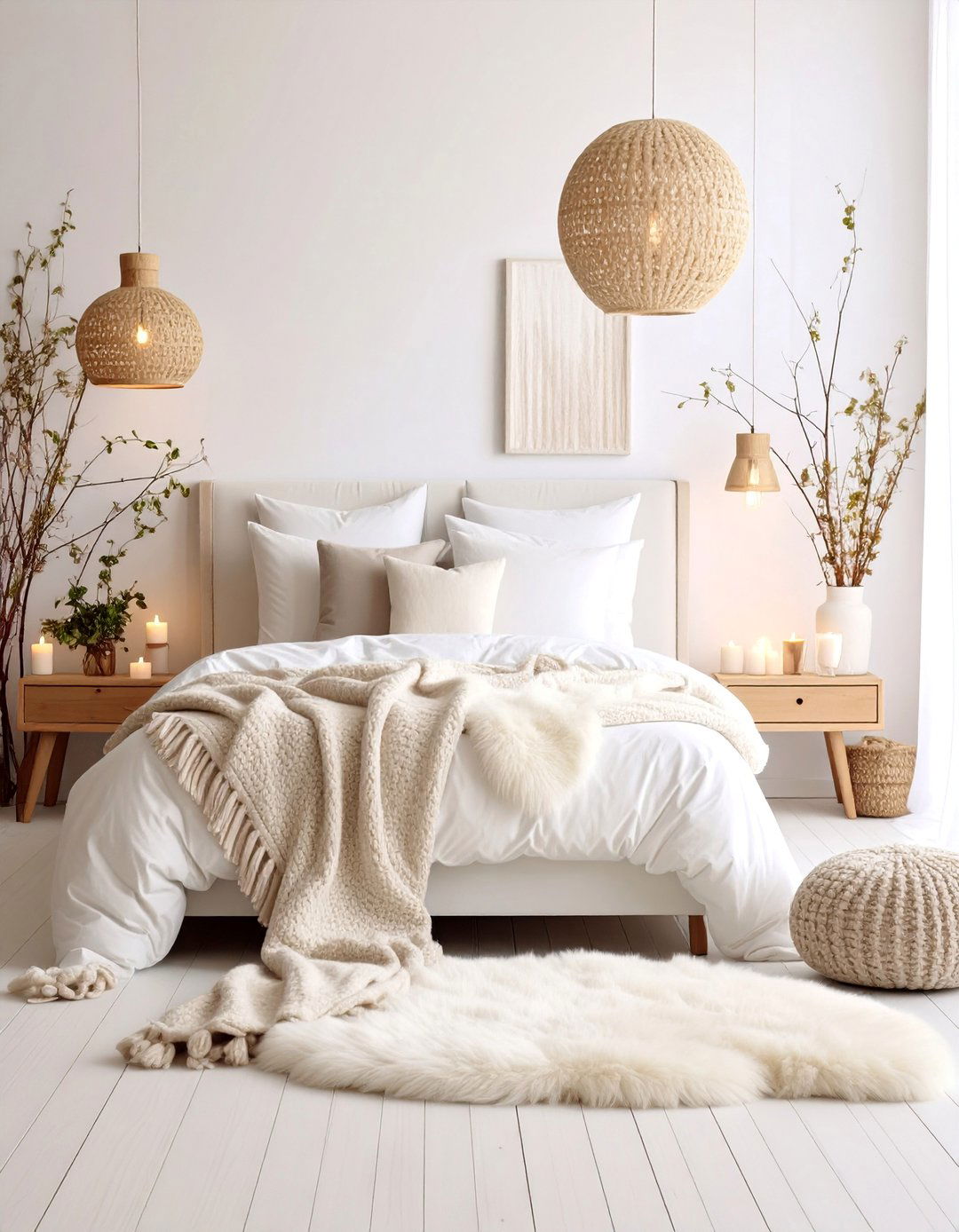 Nordic White Bedroom with Fur and Wool Textures - 25 White and Cream Bedroom Ideas
