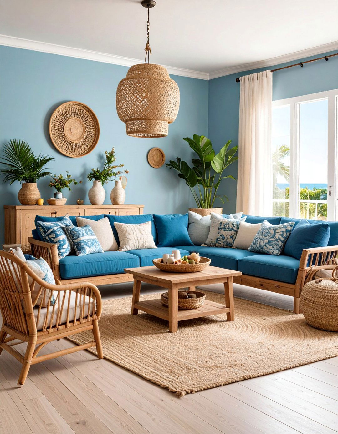 Ocean Blue Coastal Living Room with Weathered Wood - 25 Blue Living Room Ideas