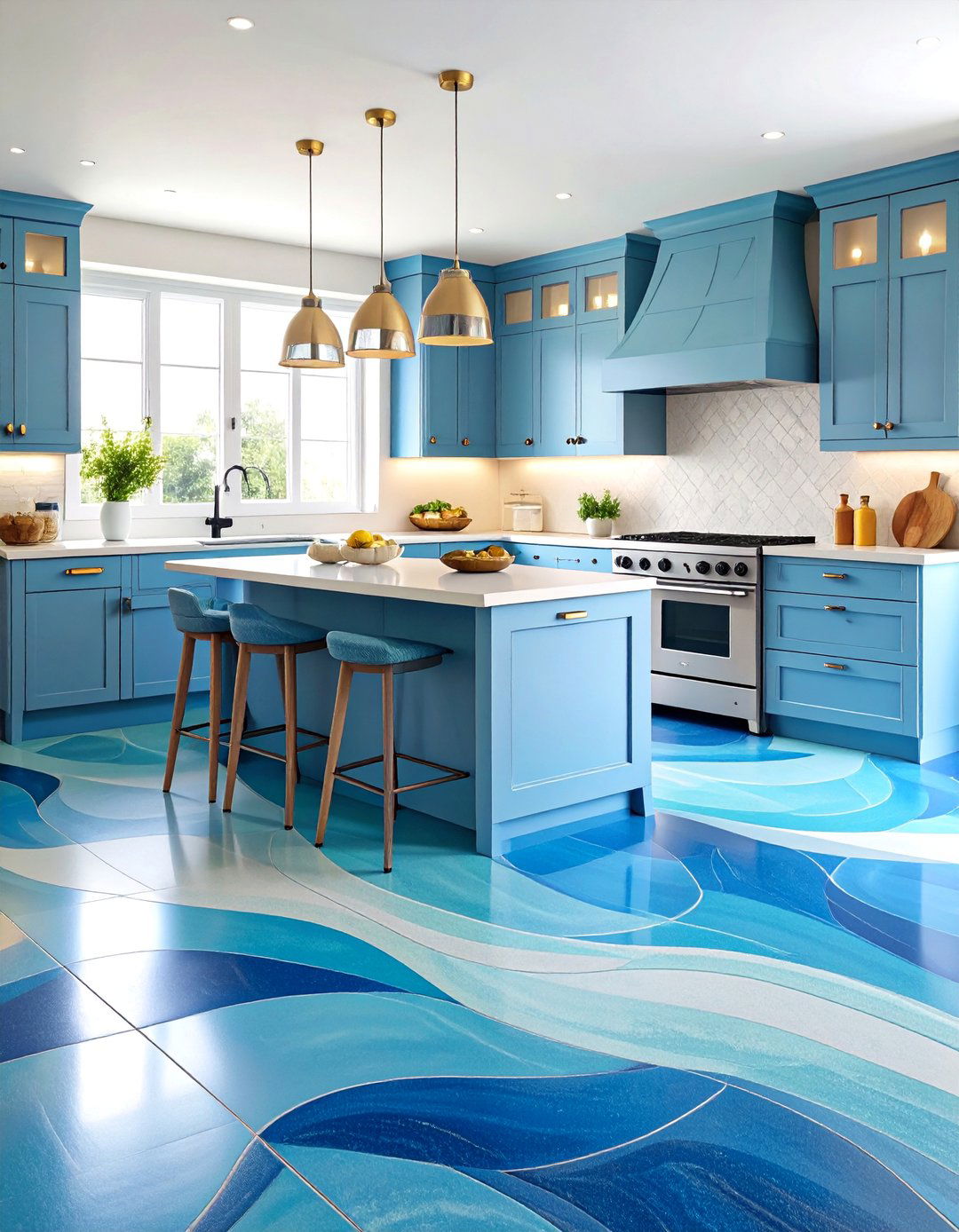 Ocean Blue Gradient with Wave Pattern Inlays - 25 Linoleum Kitchen Flooring Ideas