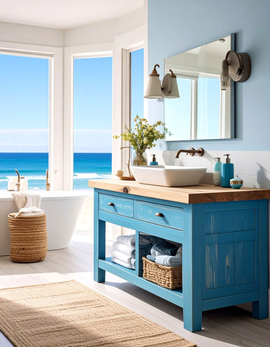 Ocean Blue Vanity with Driftwood Accents - 25 Blue Bathroom Vanity Ideas