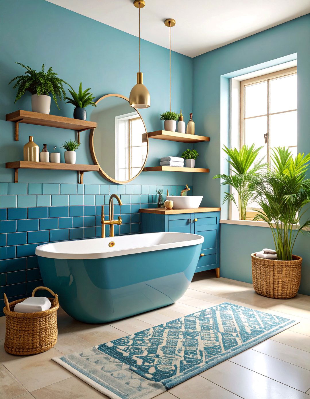Ocean Inspired Blue Subway Tiles with Natural Wood Accents - 25 Bathroom Wall Ideas