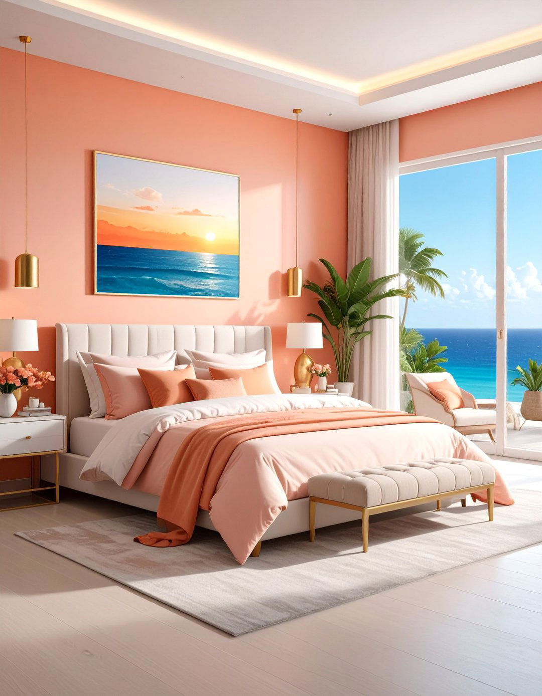Ocean Sunset Bedroom with Warm Coral and Gold Tones - 25 Ocean-themed Bedroom Ideas