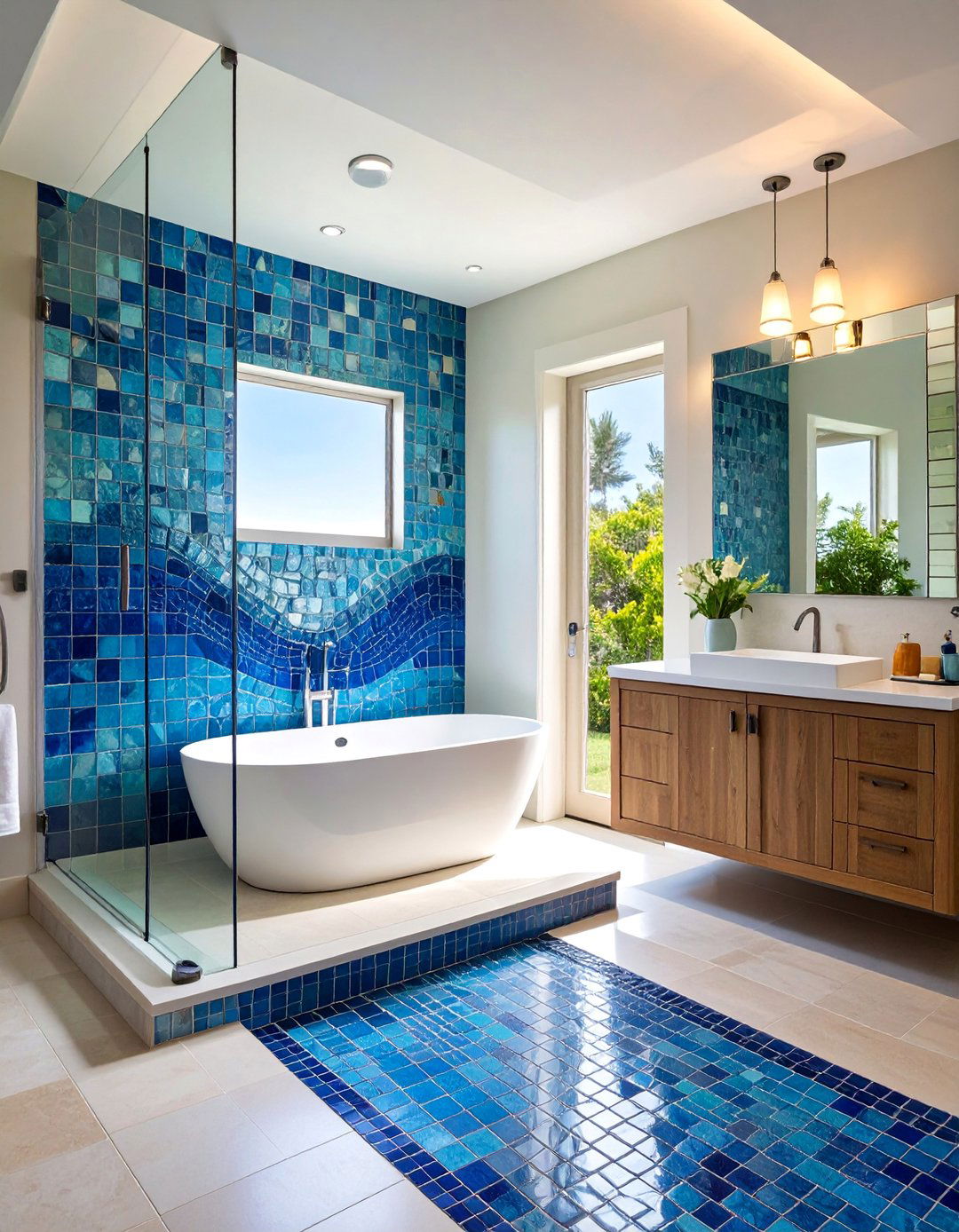 Ocean Wave Mosaic Shower with Glass Enclosure - 25 Coastal Bathroom Ideas