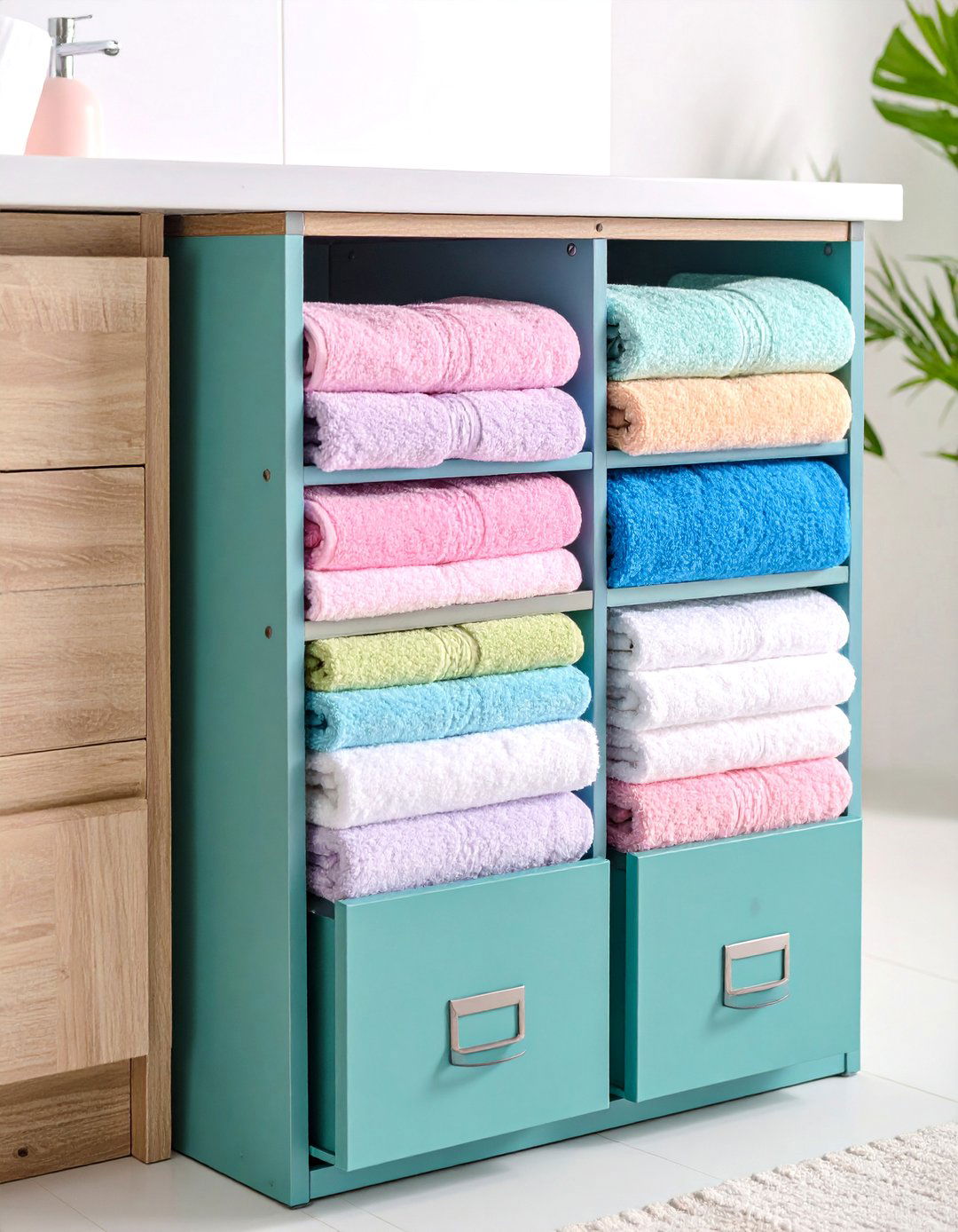 Office File Sorter Repurposed for Bathroom Towel Organization - 25 Towel Storage Ideas