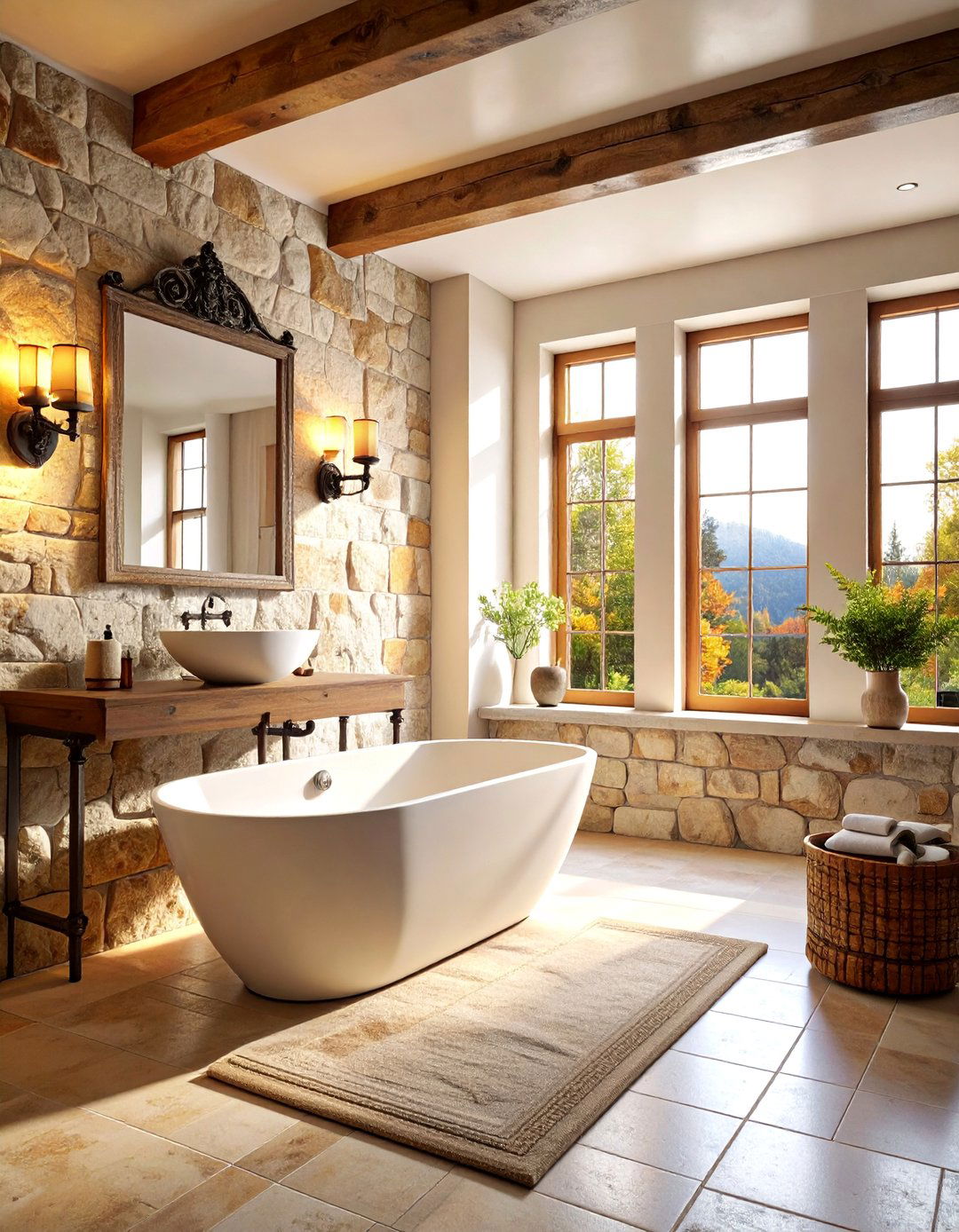 Old World Stone Wall Bathroom with Wrought Iron Details - 25 Tuscan Bathroom Ideas