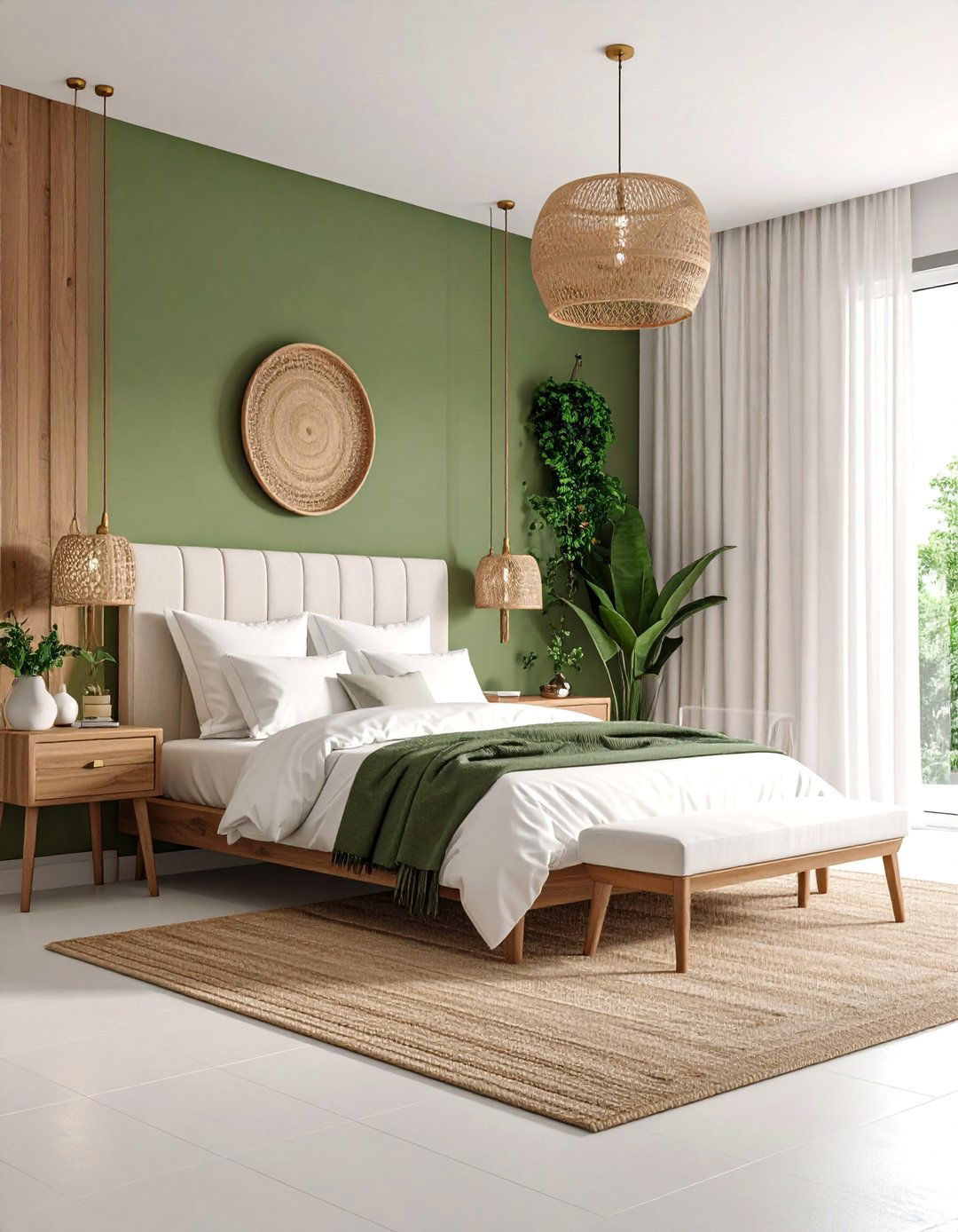 Olive Green Accent Wall with Neutral Bedding - 25 Olive Green Bedroom Ideas